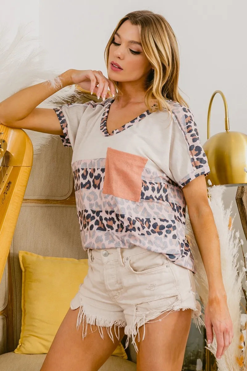 BiBi Leopard Stripe Slub Terry Color Block T-Shirt for Women | Trendy Casual Tee for Everyday Wear, Street Style & Outfits