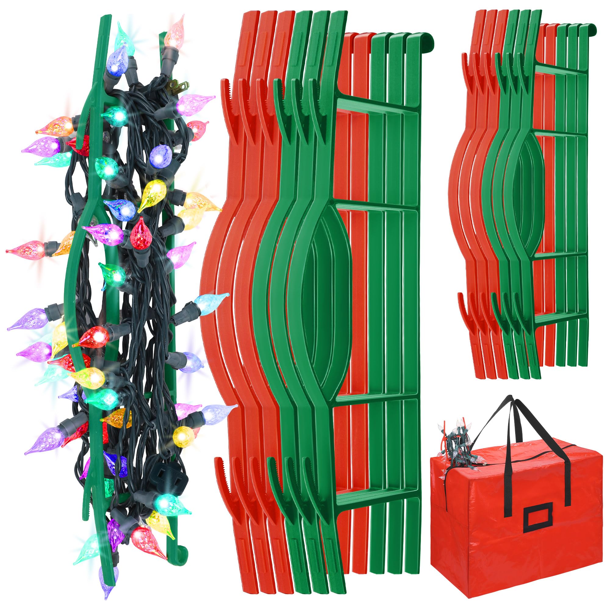 RUODON 12 Pack Christmas Lights Storage Holders with Storage Bag - Cord Winder Organizer for Holiday Decorations (Holds Up to 164 Feet) - Perfect for Tree Lights, Garland Storage & Seasonal Decoration Organization (Red & Green)