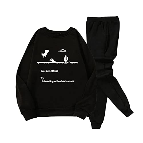 Men's & Women's Autumn Winter Printed Long Sleeve Sweater Pants Set - Comfortable Running Sportswear for Jogging & Gym Workouts (Black, Size L)