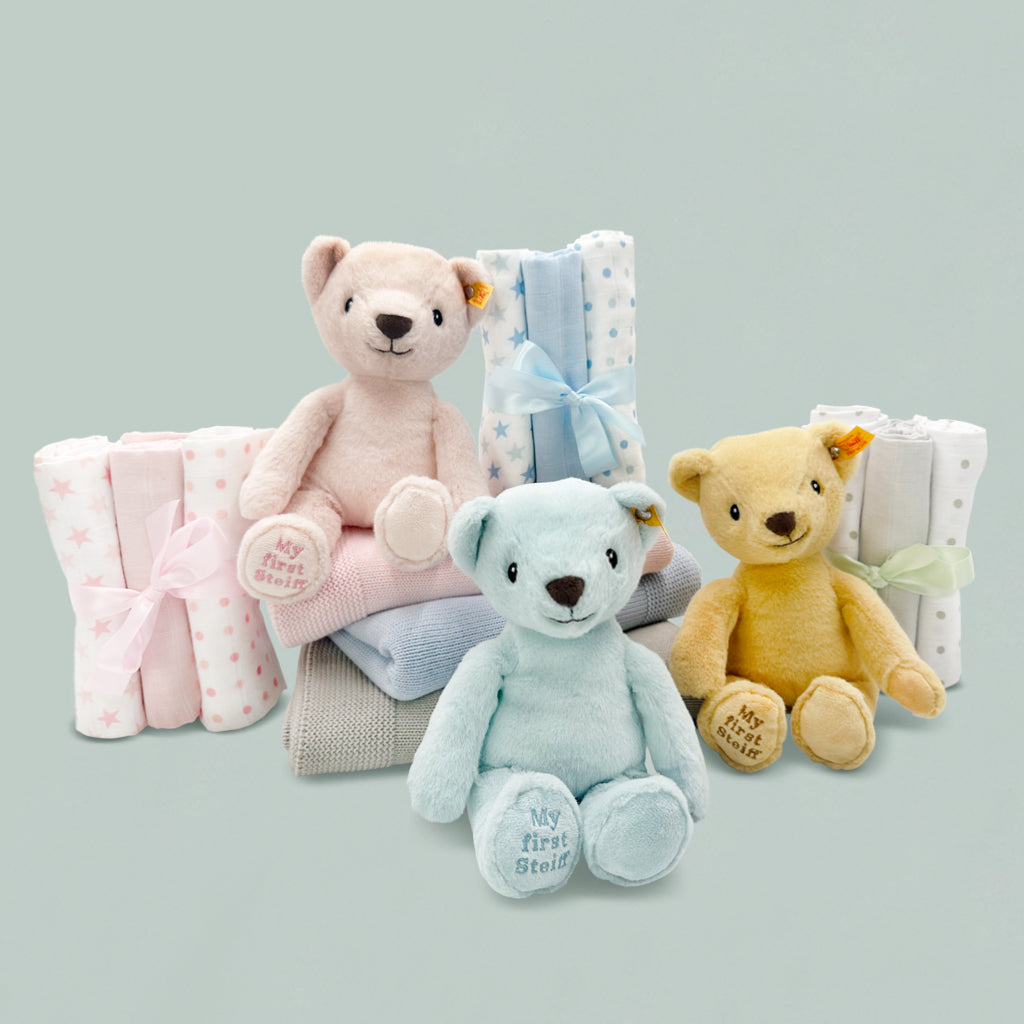 Premium Steiff Muslin Swaddle Blanket & Baby Gift Set - Soft Organic Cotton, Neutral Colors - Perfect for Newborns, Showers & Nursery Essentials