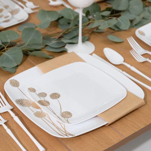White and Gold Plastic Party Bundle - Dandelion Themed Decorations for Birthday, Wedding, Baby Shower & Special Events