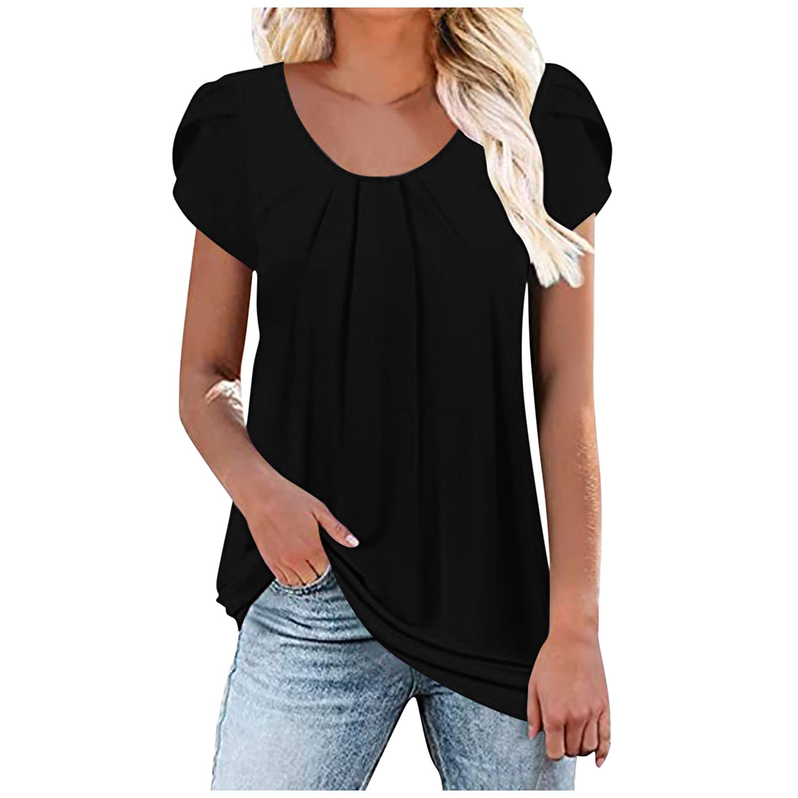 Women's Plus Size Casual Summer Tops - Short Sleeve V-Neck Loose Fit Tee with Petal Sleeves | Dressy Casual T-Shirts for Work, Weekend & Outdoor Activities