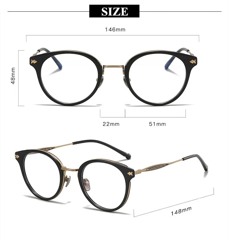 Stylish Unisex Black Titanium Acetate Round Eyeglasses Frame - Lightweight & Durable Full Rim Glasses for Men & Women - Perfect for Reading, Work, and Everyday Fashion