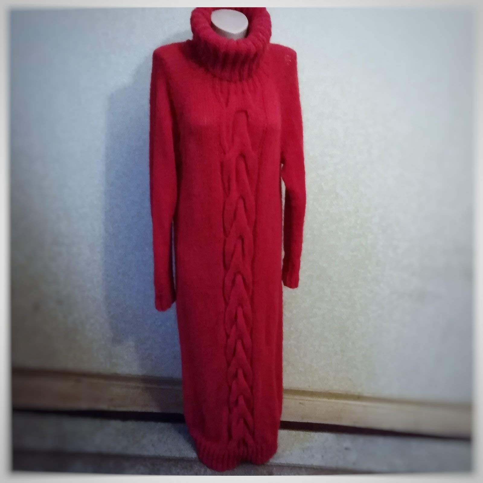Handmade Bright Red Mohair Turtleneck Sweater Dress for Women - Oversized High Collar, Long Braid, Chunky Knit, Elegant Maternity Tunic, Floor Length | Perfect for Winter Weddings, Holiday Parties & Cozy Office Wear