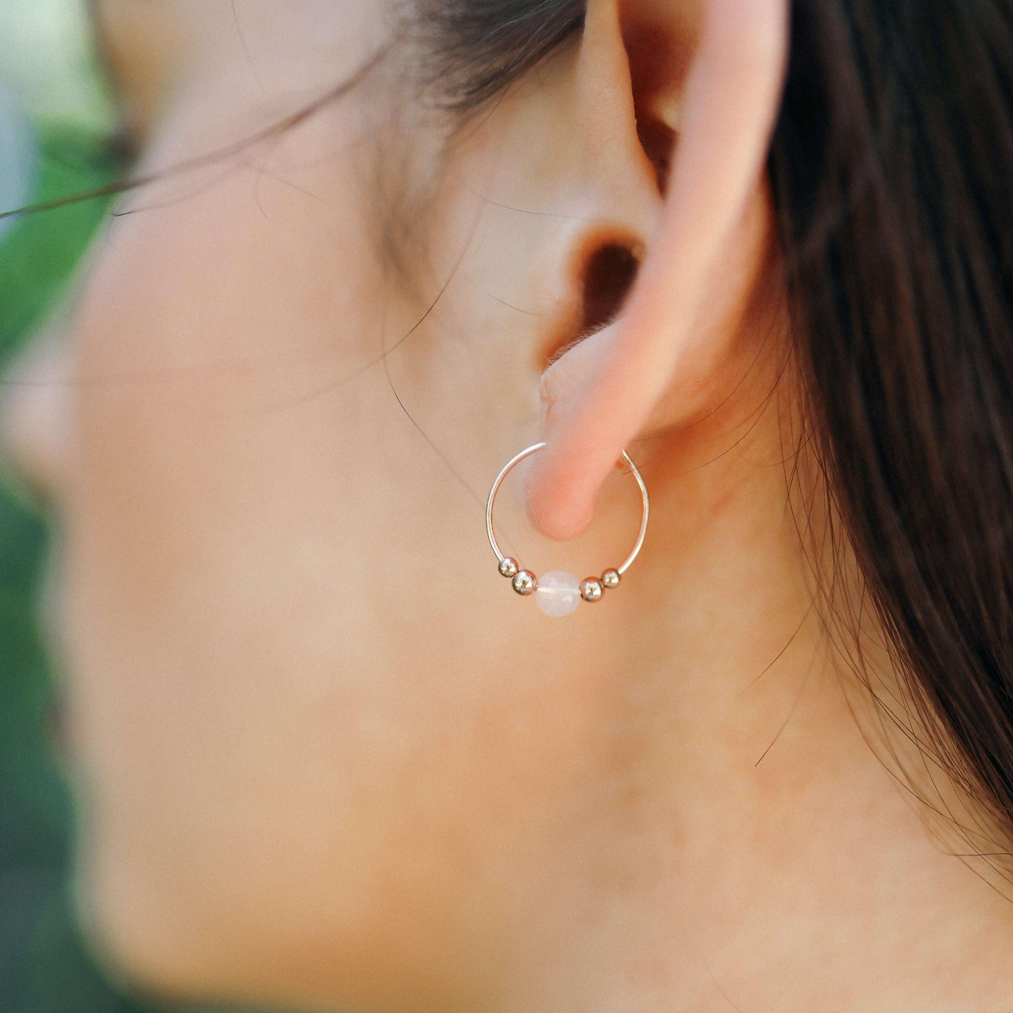 Rose Quartz Hoop Earrings for Women - Dainty Tiny Beaded Boho Jewelry - Perfect for Everyday Wear, Gifts & Spiritual Healing