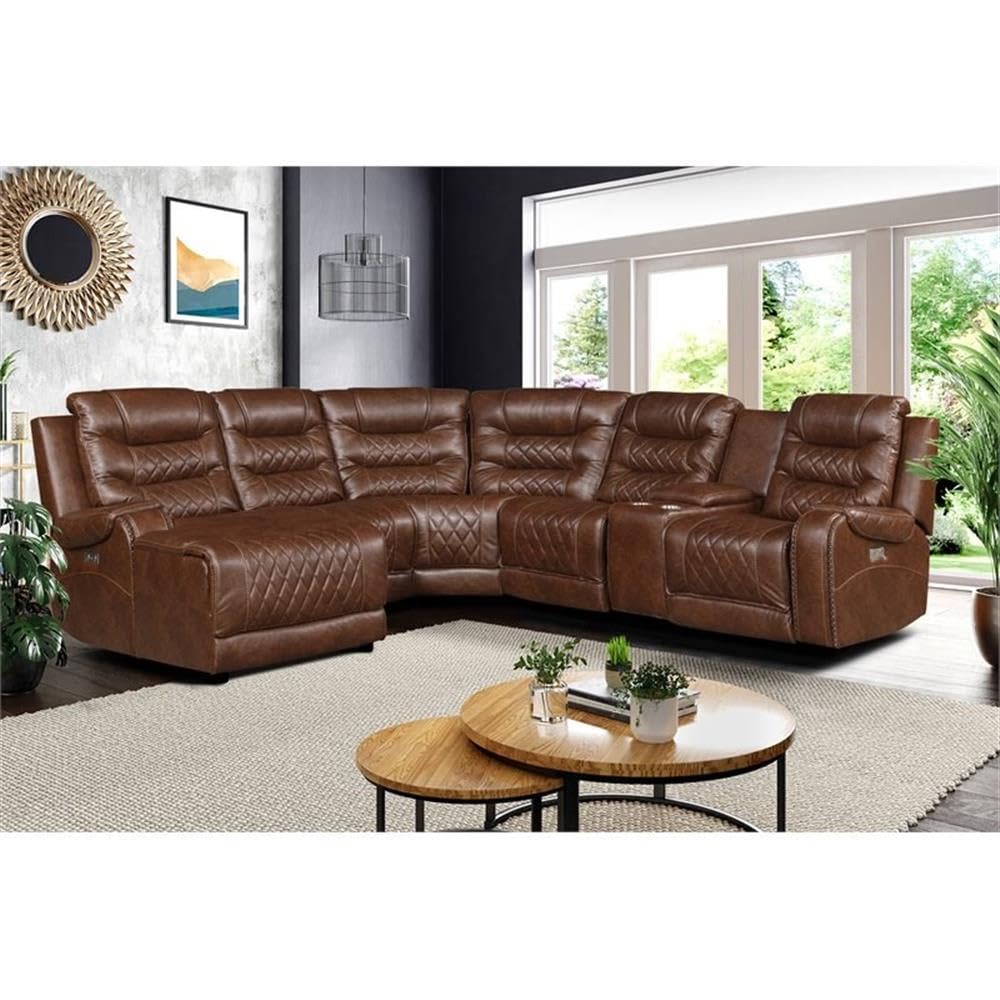Lexicon Putnam 6-Piece Power Reclining Sectional Sofa with Left Chaise in Brown Leather - Perfect for Living Room, Home Theater & Family Gatherings