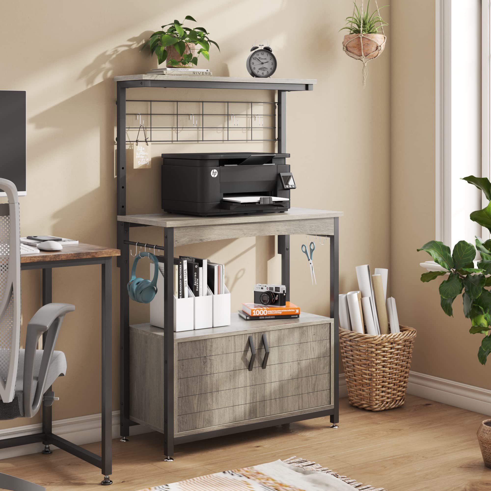 Bestier Adjustable Microwave Stand with Storage Cabinet - Industrial Rolling Kitchen Shelf with Wheels & Feet, 10 S-Hooks - Perfect for Small Kitchens, Coffee Bars & Baker's Racks (Grey Wash)