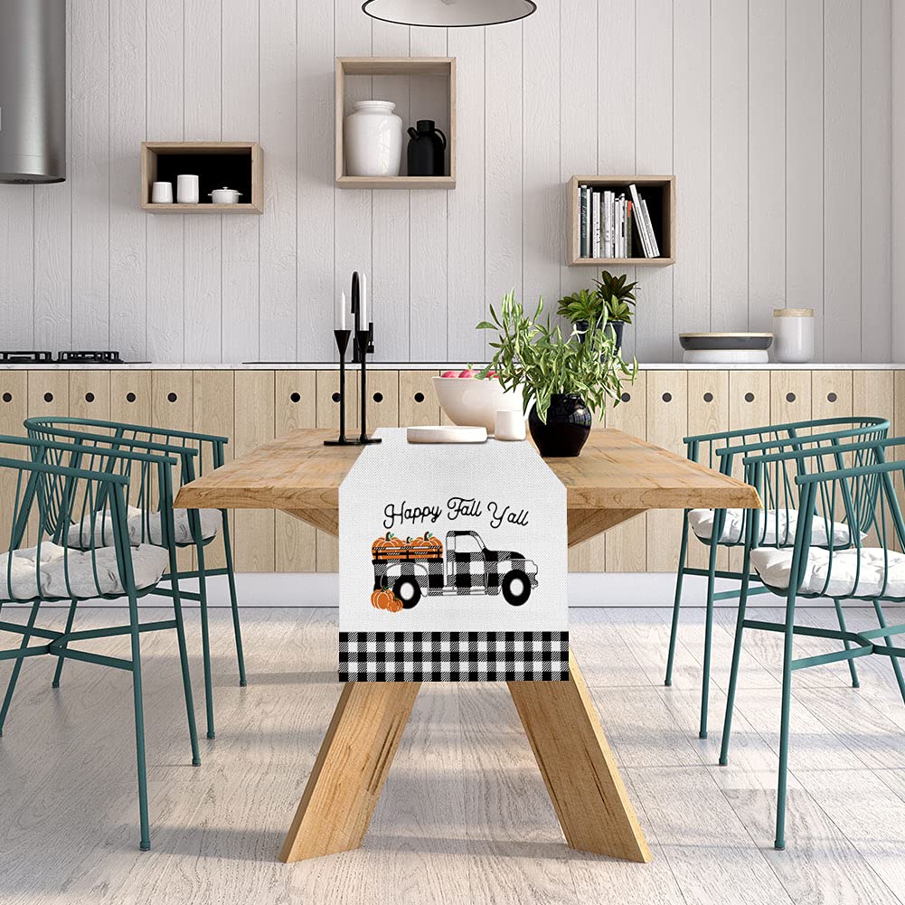 Autumn Pumpkin Truck Table Runner - 13x70 Inch Buffalo Plaid Seasonal Decor for Thanksgiving, Christmas & Fall Home Parties - Perfect for Dining Table, Kitchen Decor & Holiday Gatherings