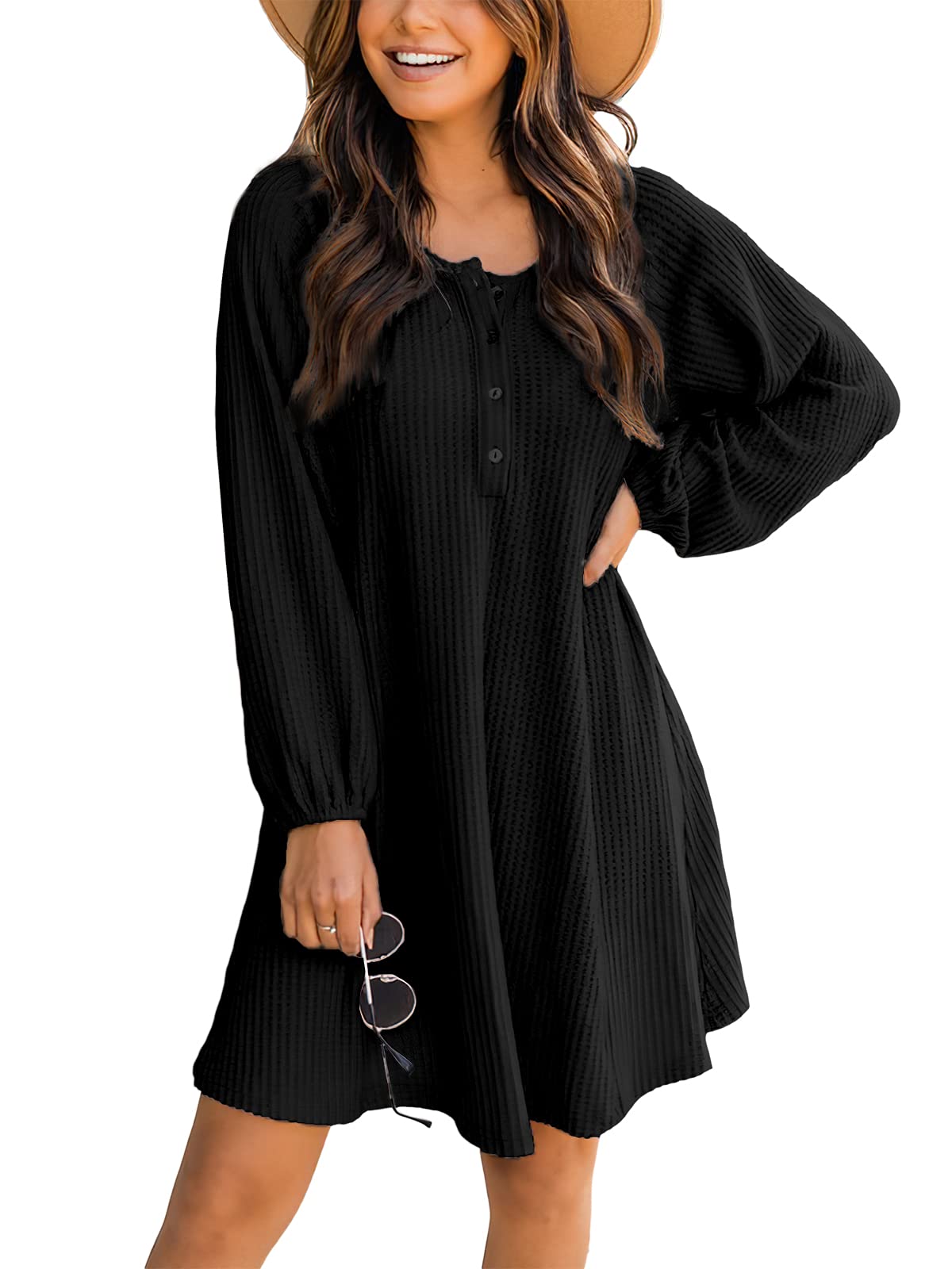 Adibosy Women's Long Sleeve Waffle Knit Sweater Dress - Button Front Crew Neck Henley Tunic Top, Loose Fit Pullover Dresses for Casual Wear, Fall & Winter Outfits, Office & Weekend Style