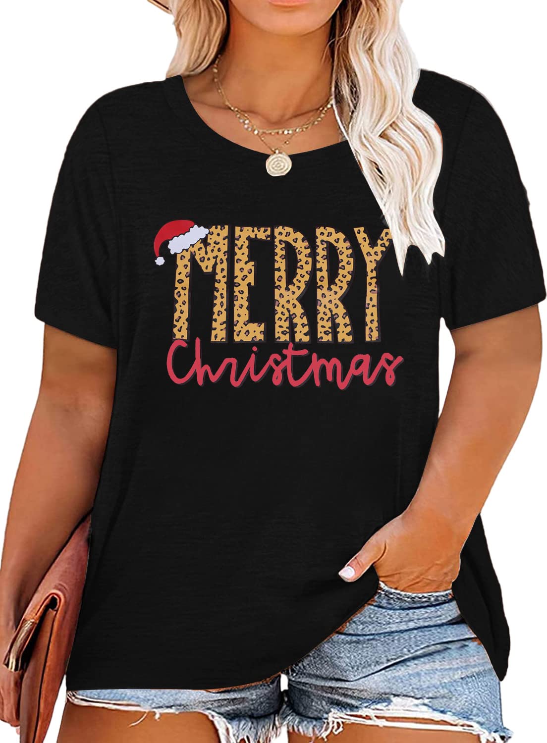 EGELEXY Plus Size Merry Christmas Shirts for Women - Festive Leopard Print & Stripe Short Sleeve Holiday T-Shirts | Perfect for Christmas Parties, Family Gatherings & Holiday Photos