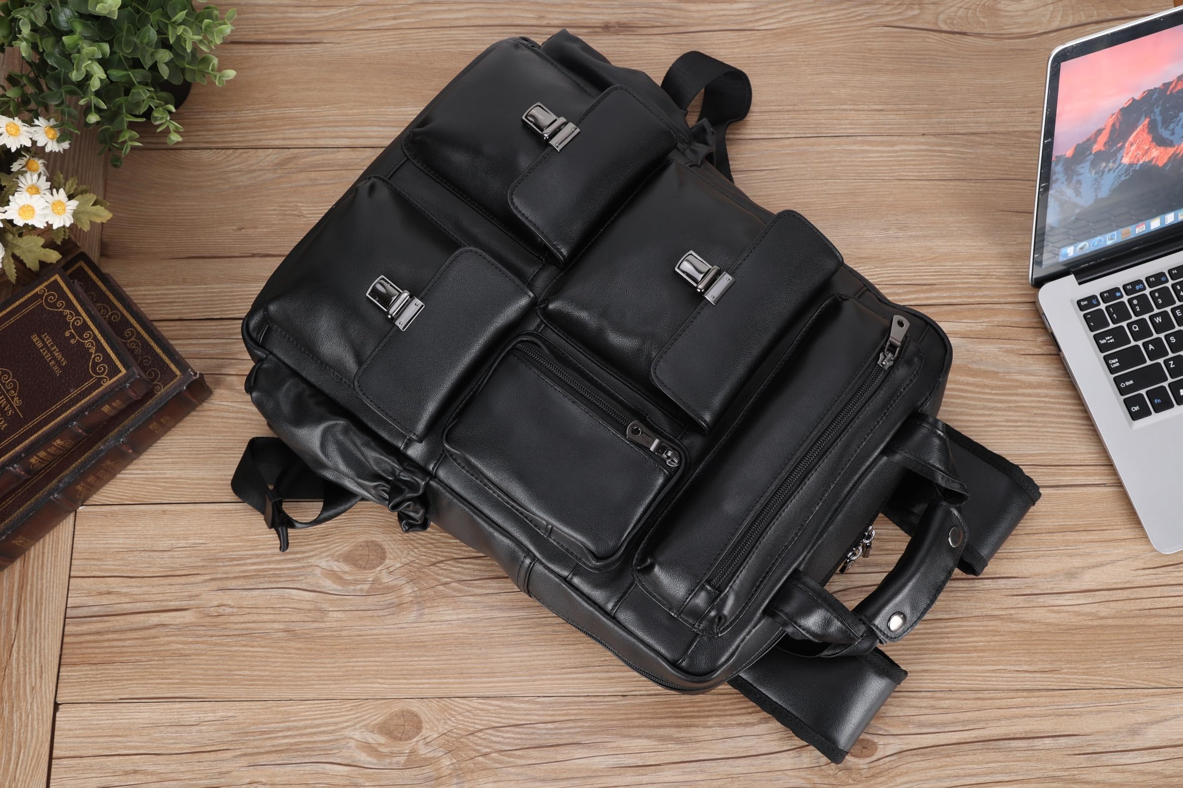 Stylish Black Leather Backpack for Men - 15.6 Inch Laptop Bag with Multiple Pockets - Durable Rucksack for Business, Work, Travel & Daily Use - Perfect for Commuting, Office & College