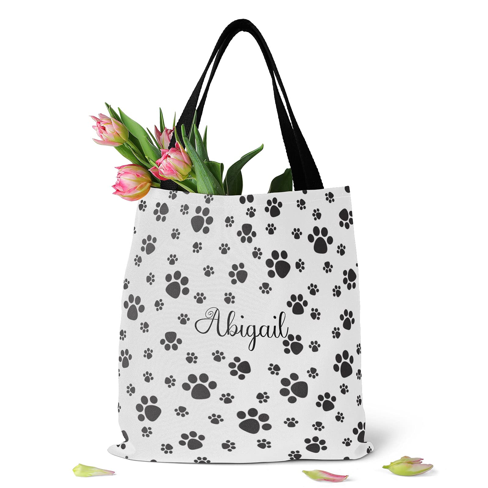 Custom Personalized Name Tote Bag with Dog & Cat Paw Print - Pink Canvas Reusable Shopping Bag for Women - Perfect for Grocery, Beach, Travel & Everyday Use