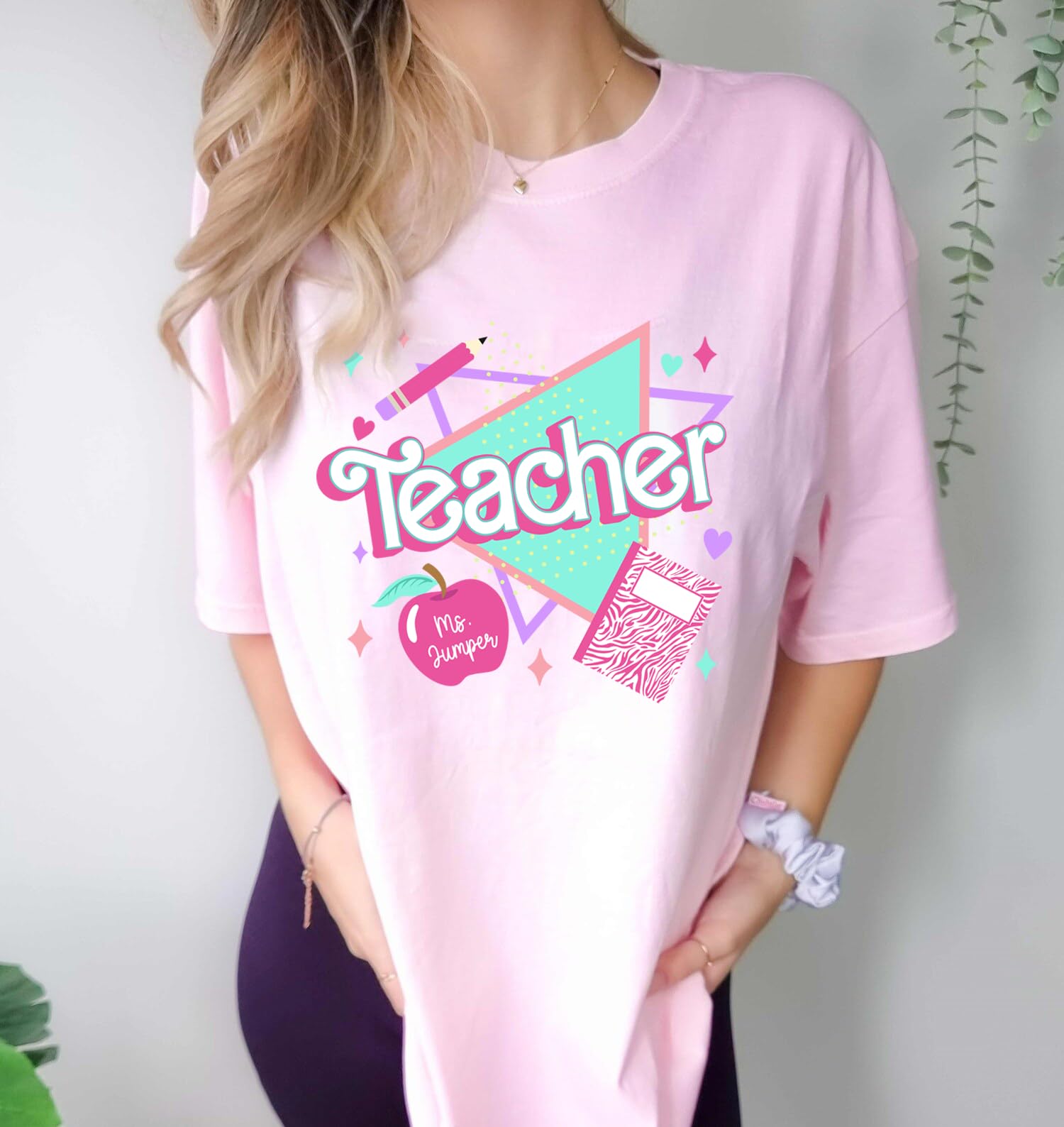 Custom Personalized Teacher T-Shirt - 80s 90s Retro Pink Back to School Shirt with Name & Grade | Great for Teacher Appreciation Week, Classroom Gifts & School Events