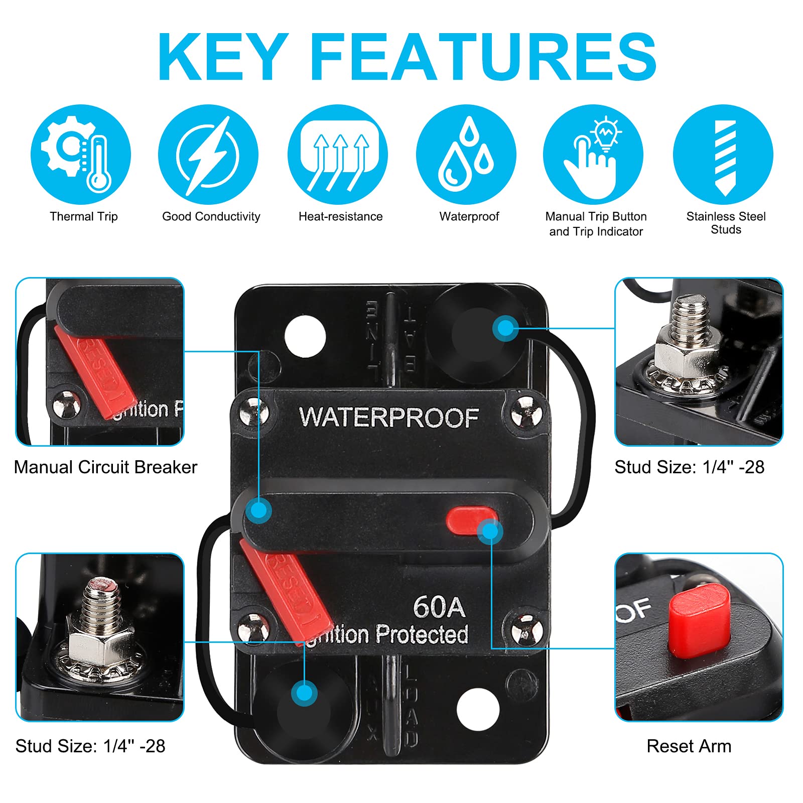 Waterproof Circuit Breaker with Manual Reset, 12V-48V DC 30A-300A, Fuse Holder for Automotive Marine Boat Audio System - Overload Protection for Car, RV, Truck & Power Equipment