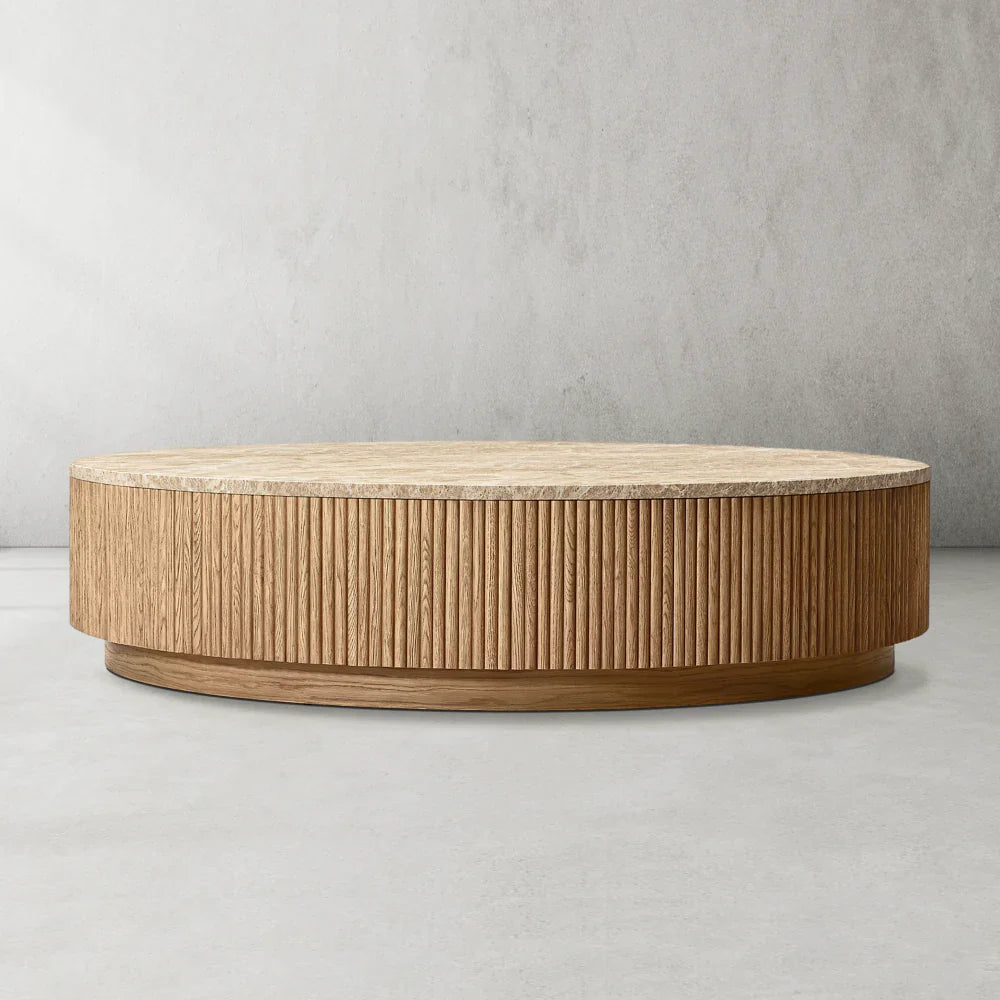 Mulholland Solid Oak Wood & Natural Stone Round Coffee Table - Modern Living Room Centerpiece for Home Decor