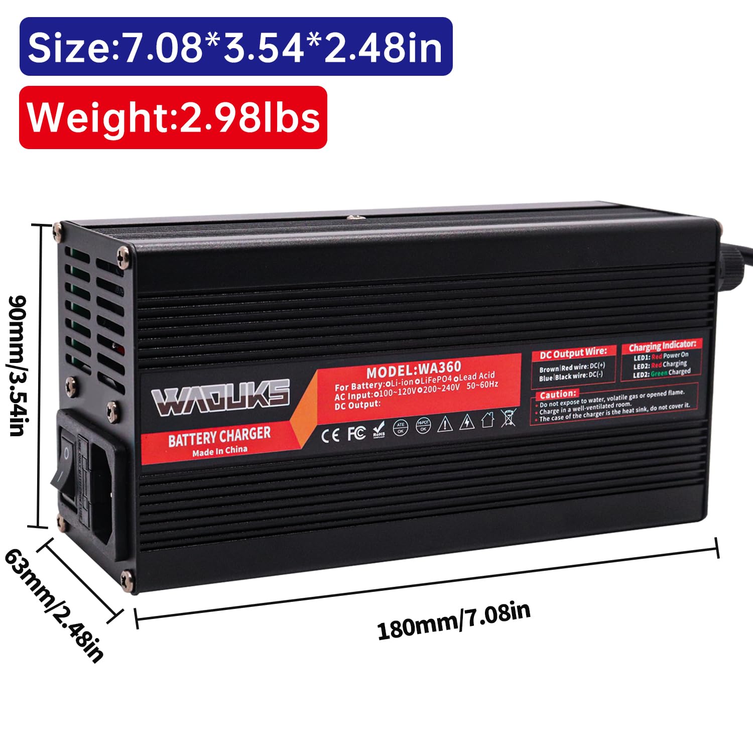 14.6V 20A Smart LiFePO4 Battery Charger with Cooling Fan & Aluminum Case - Fast Charging for 4S 12V/12.8V Lithium Iron Phosphate Battery Packs - Perfect for Solar Systems, Electric Vehicles, and Marine Applications