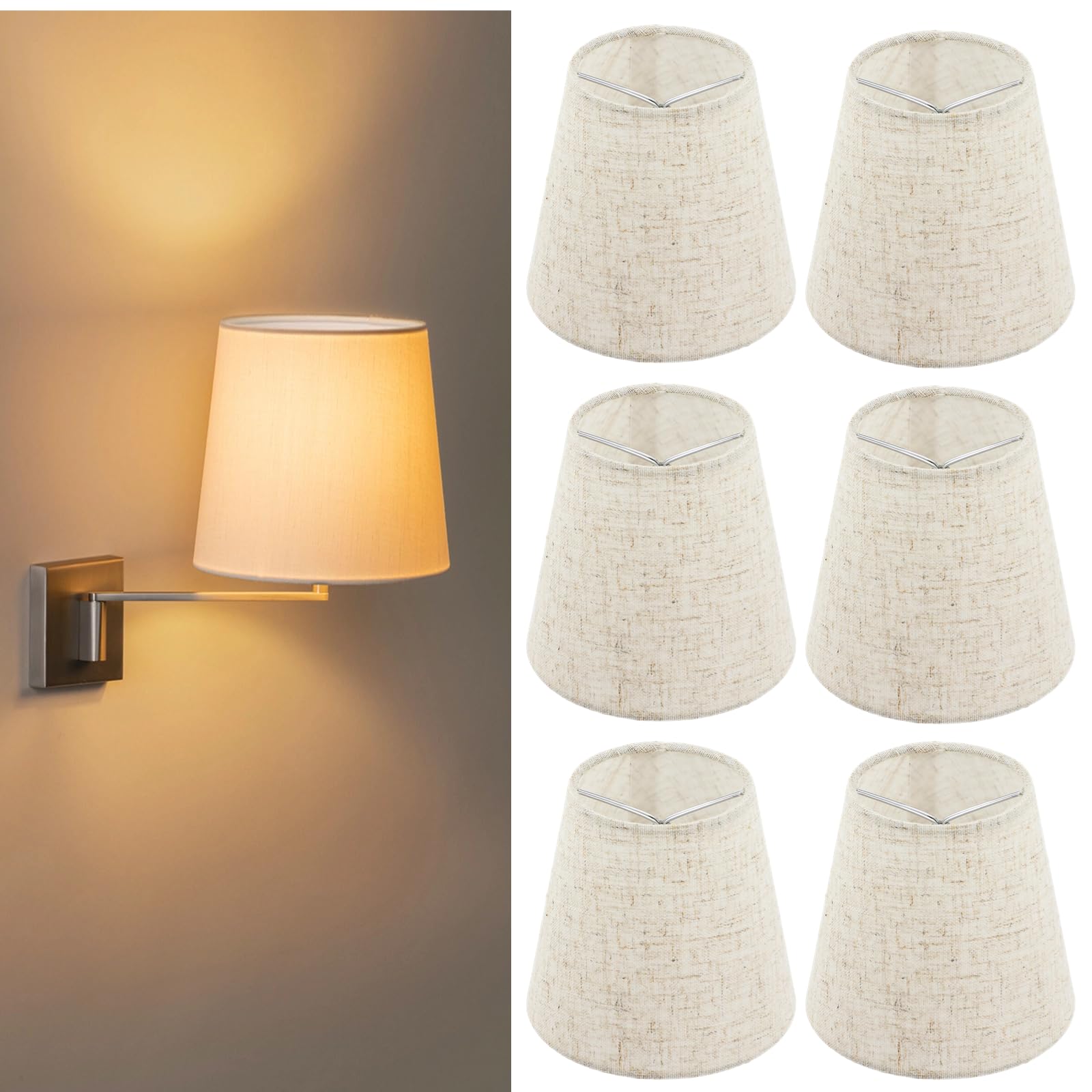 6 Pack 5 Inch Mini Barrel Lampshades - Clip On Replacement Shades for Table Lamps & Wall Lights - Natural Linen Fabric - 3.5x5x5.5 Inches (Top/Height/Bottom) - Perfect for Bedroom, Living Room & Office Decor