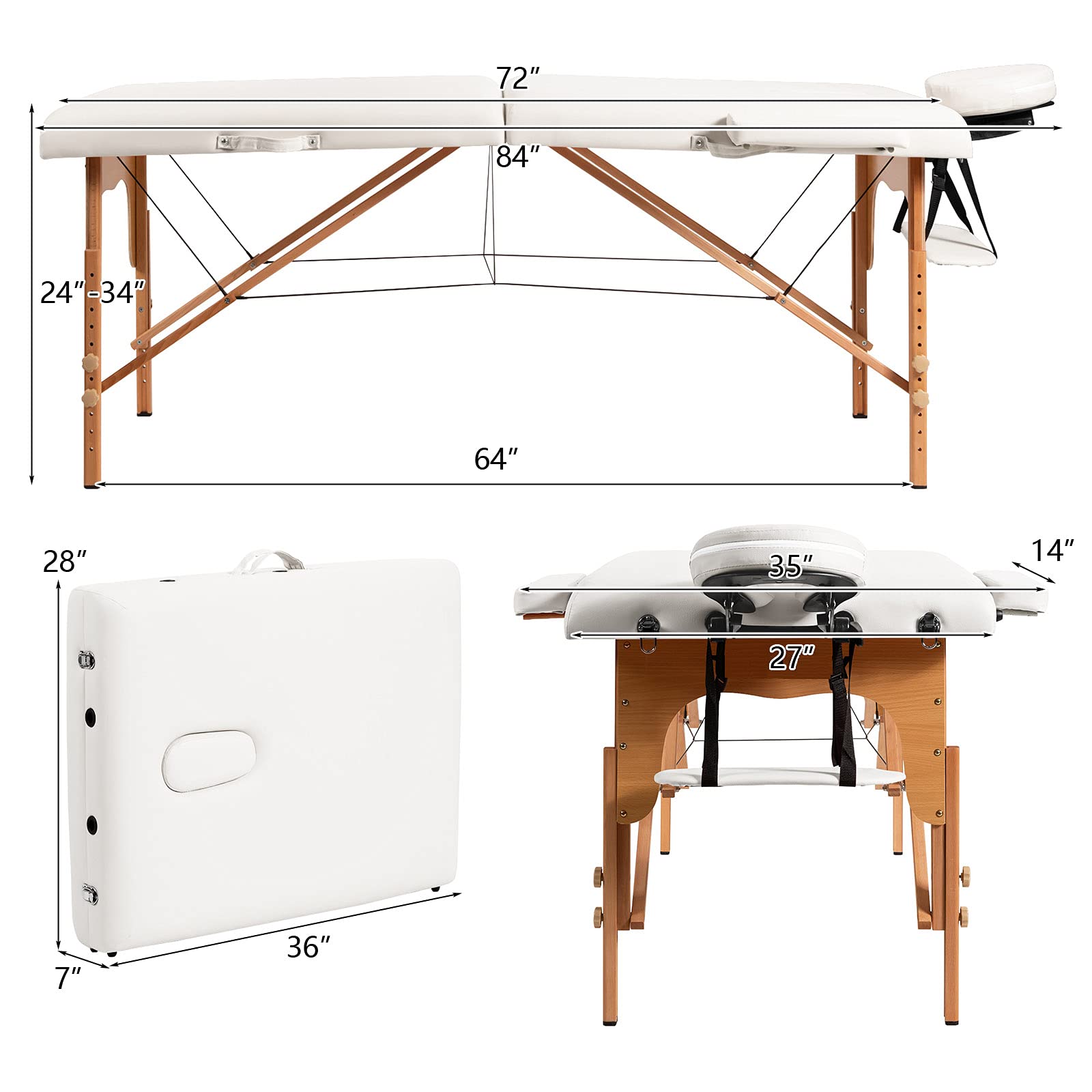 Portable Massage Table 84 Inch - Adjustable Height Spa Bed with Facial Cradle & Carry Case - 2 Folding Lash Extension Table for Estheticians & Salons - Perfect for Professional Massage, Facial Treatments & Beauty Services (White)