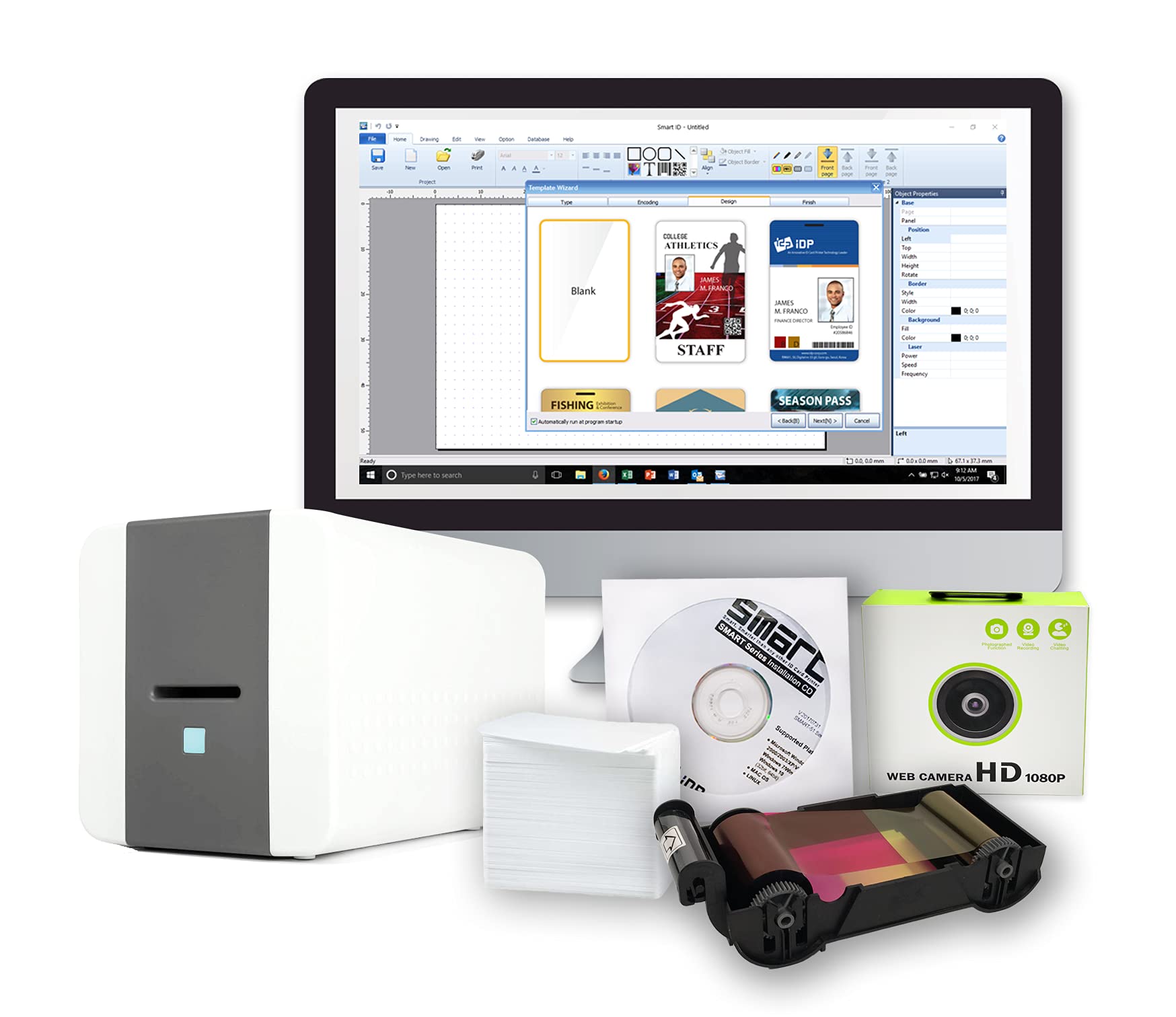 IDP SMART-21S ID Card Printer Bundle - Simplex Printing with PC Software, USB Camera, 100 YMCKO Color Ribbons & 100 PVC Cards for Office Security, School IDs, and Employee Badges