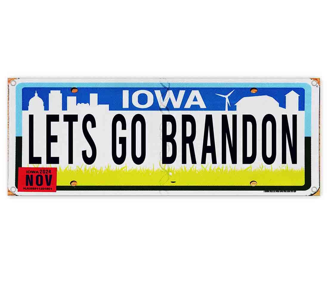 Lets Go Brandon License Plate Iowa Banner - 13 oz Heavy-Duty Vinyl with Metal Grommets | Pro-Trump, Anti-Biden, MAGA, Election Decor | USA Made Political Sign for Cars, Trucks & Tailgating