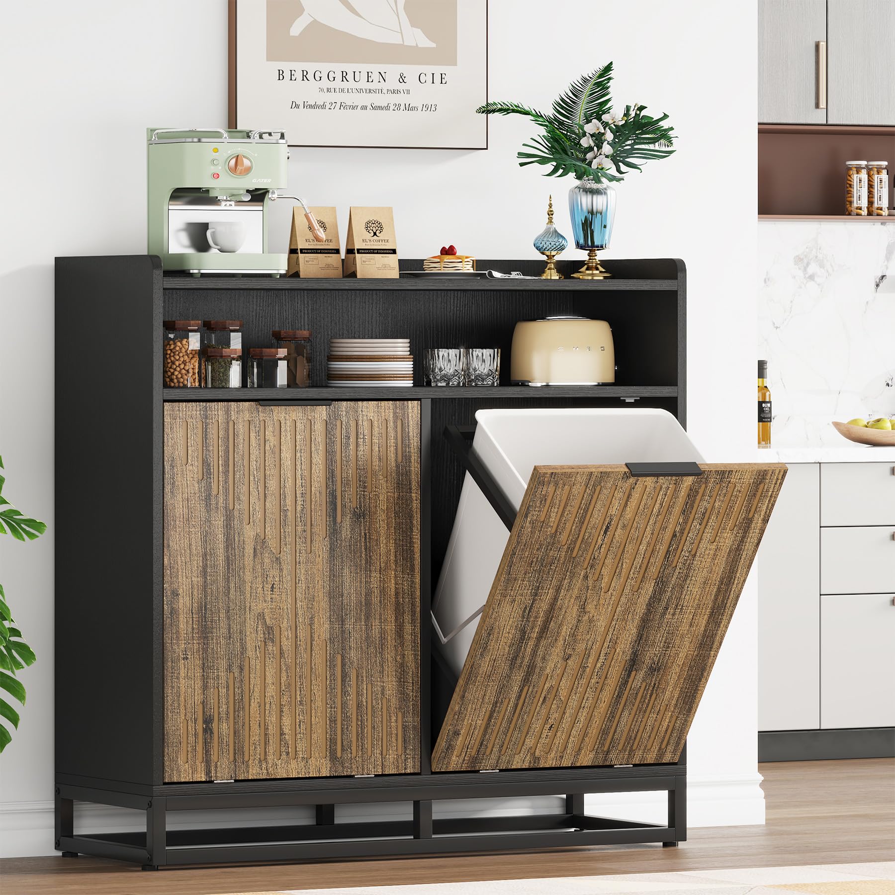 Double Tilt Out Trash Cabinet - 20 Gallon Modern Farmhouse Freestanding Storage Bin for Kitchen, Laundry & Dining Room - Brown & Black Recycling Cabinet (Trash Can Not Included) | Perfect for Waste Management & Home Organization