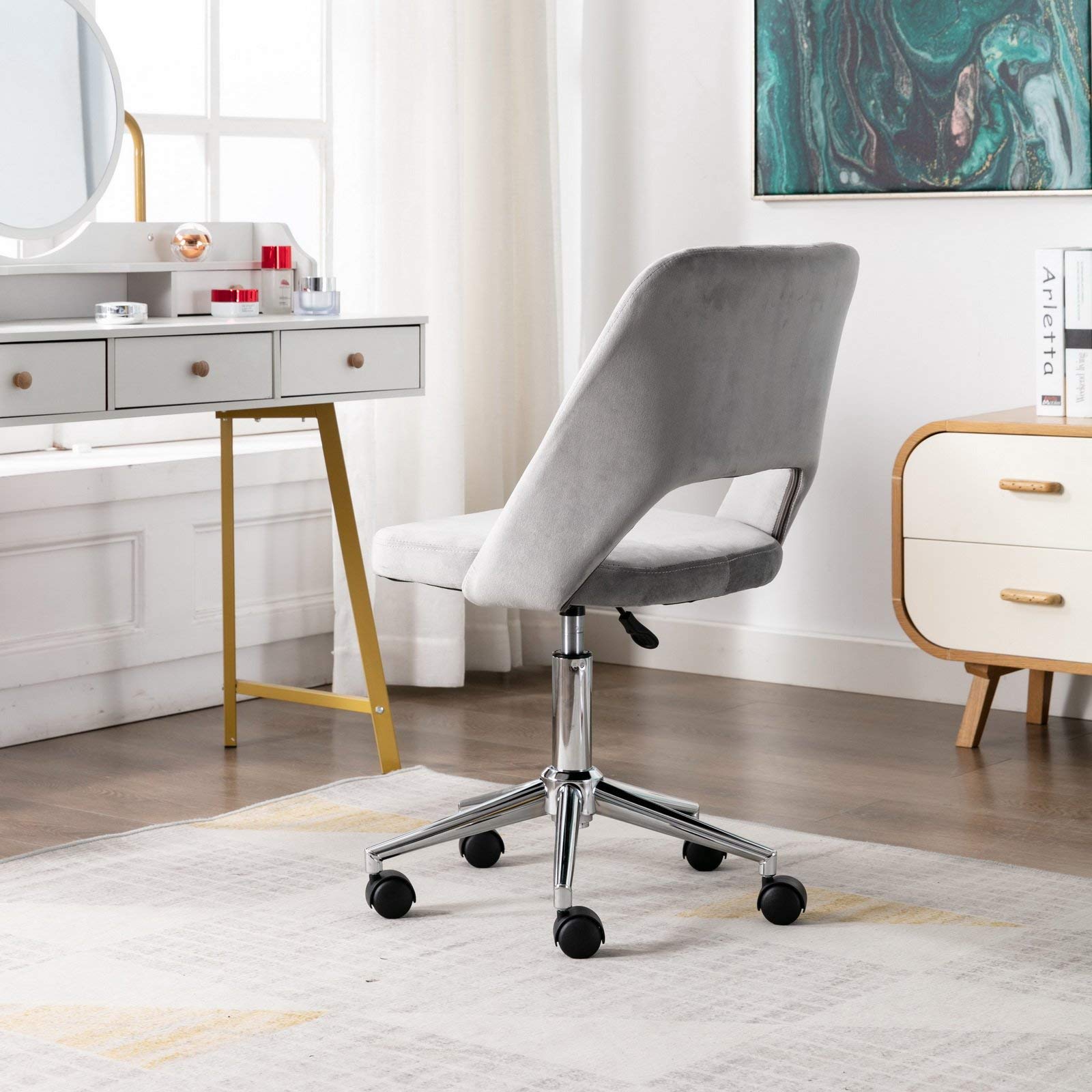 Wahson Grey Velvet Office Chair with Wheels - Swivel Task Chair for Home Office, Vanity Desk & Study - Ergonomic Rolling Computer Chair for Work & Gaming