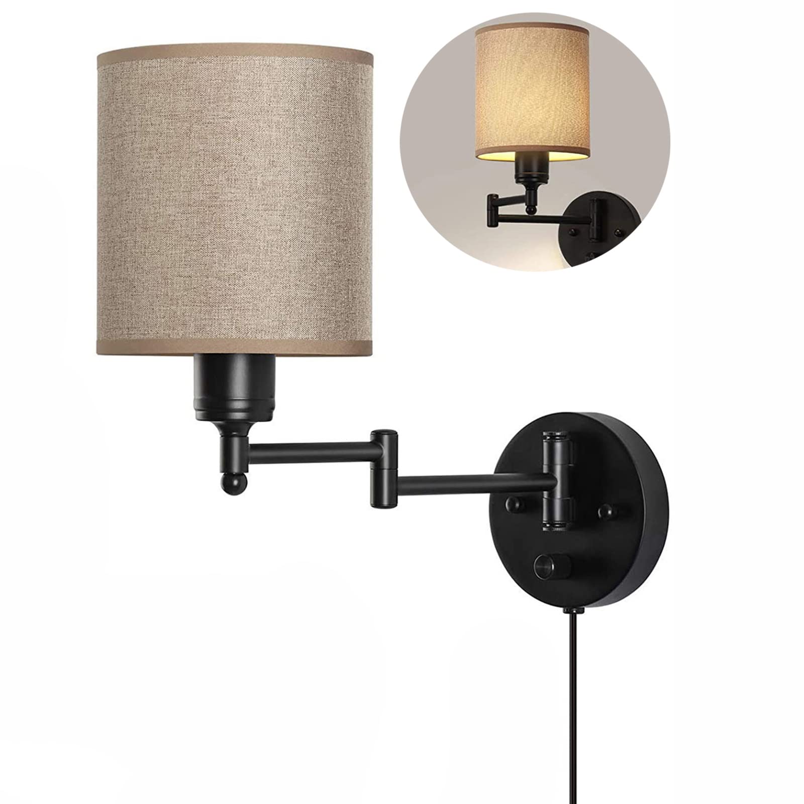 Vintage Adjustable Swing Arm Wall Light with E27 Socket, Plug-in Wall Sconce with Switch - Black Metal Reading Lamp with Fabric Shade for Bedroom, Living Room & Office (1 Pack) | Perfect for Bedside Reading, Home Decor and Task Lighting