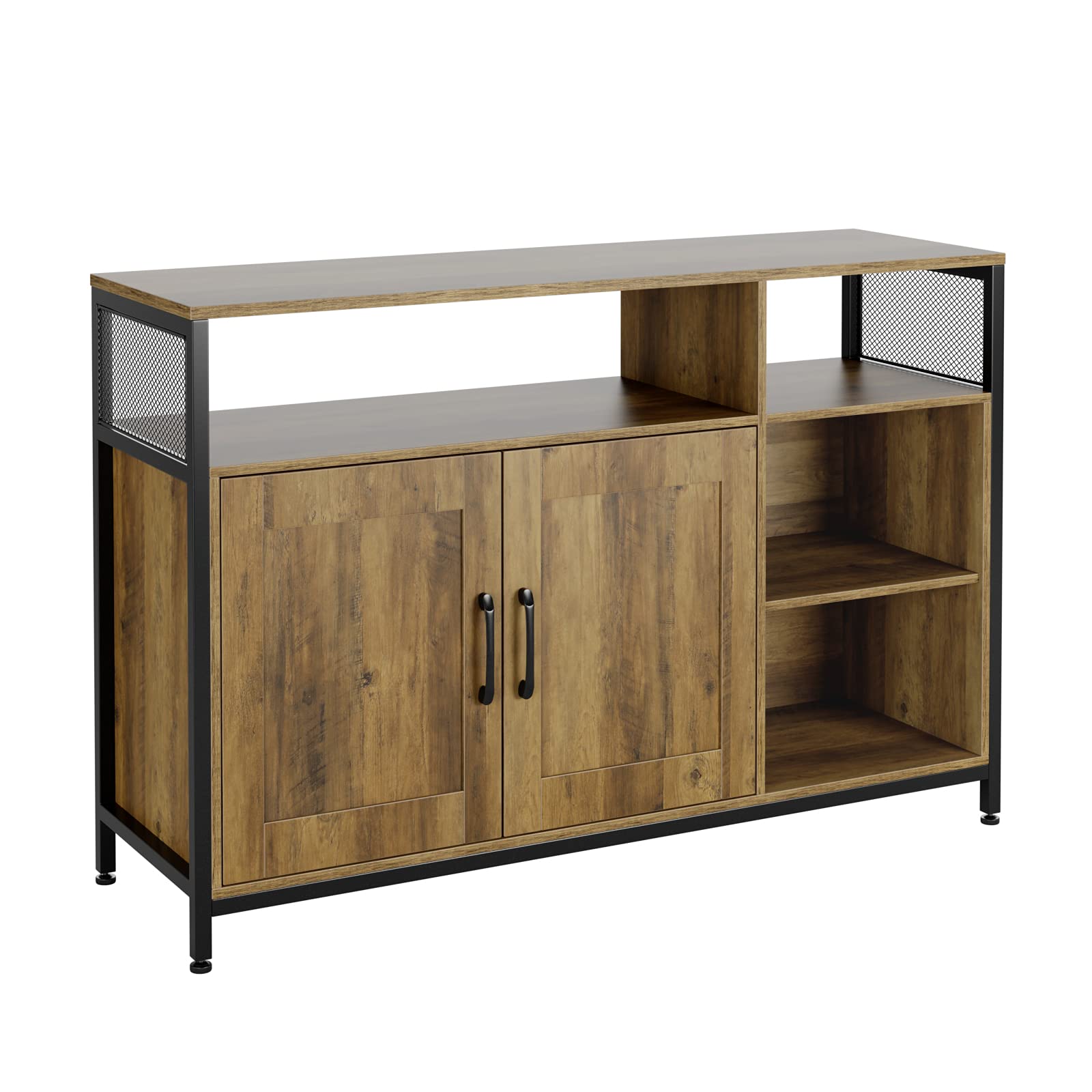 URKNO Industrial Buffet Cabinet - Wooden Kitchen Storage Sideboard with 2 Doors & Open Shelves, Rustic Brown Floor Cabinet for Dining Room, Living Room, Entryway & Bedroom - Perfect for Home Organization & Rustic Decor