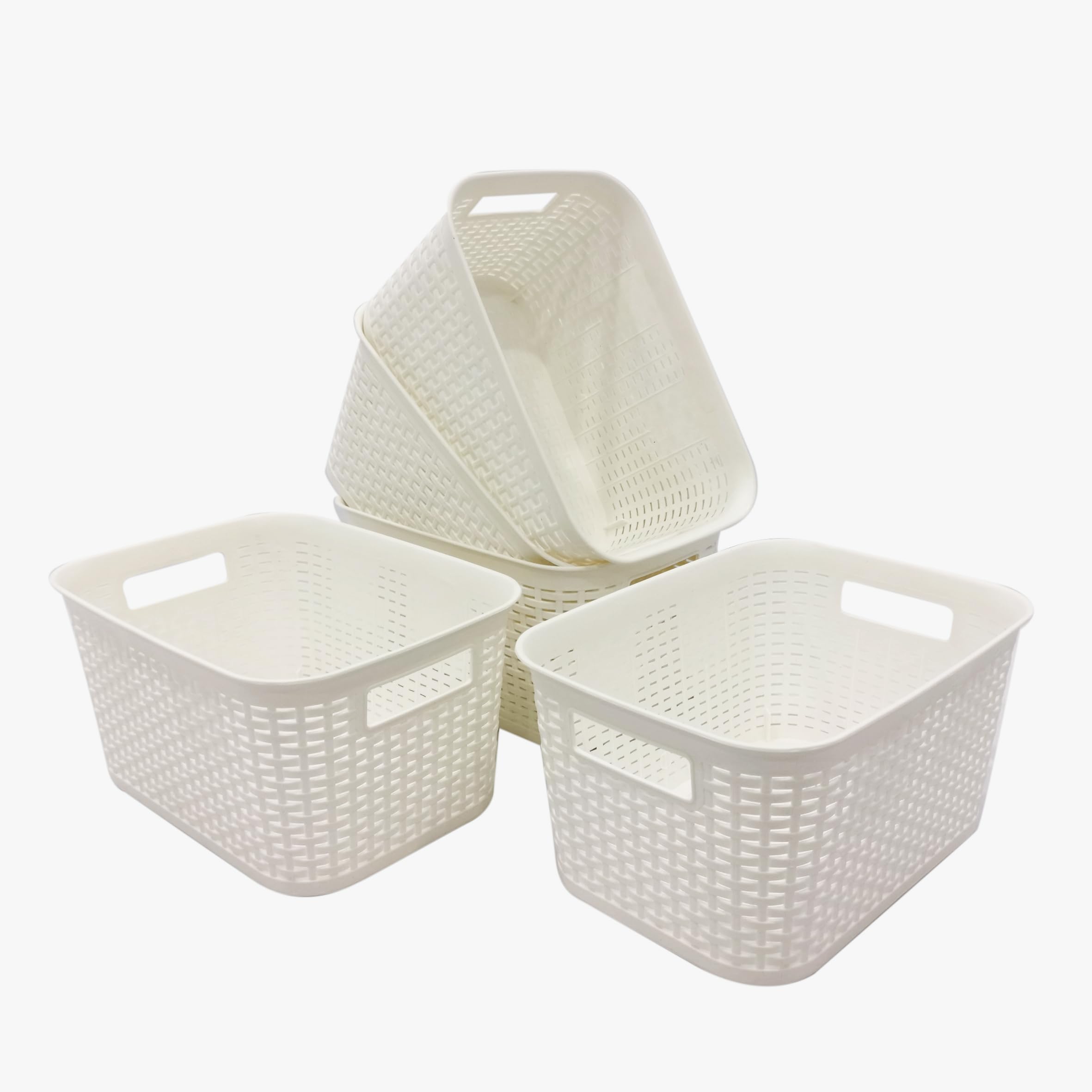 Pack of 5 Heavy-Duty Storage Baskets with Handles - Kitchen Organizer, Cabinet Storage Box, Home & Bathroom Organization - Perfect for Pantry, Laundry & Closet Storage (White)