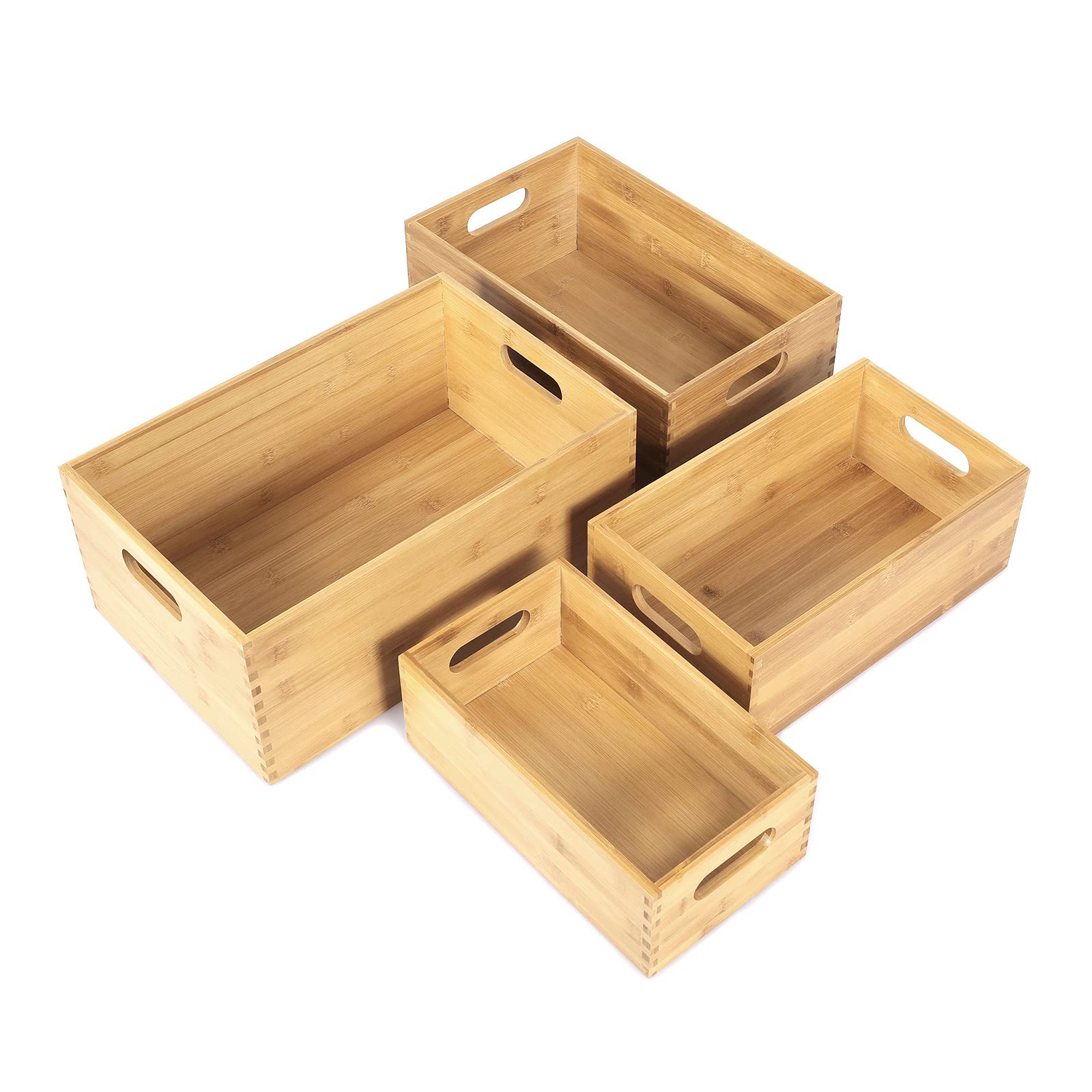 ANMINY Set of 4 Nesting Wooden Storage Crates - Natural Bamboo Wood Organizer Bins with Handles for Home, Office, Closet & Shelf Organization - Perfect for Toys, Books, Blankets & Home Decor Storage