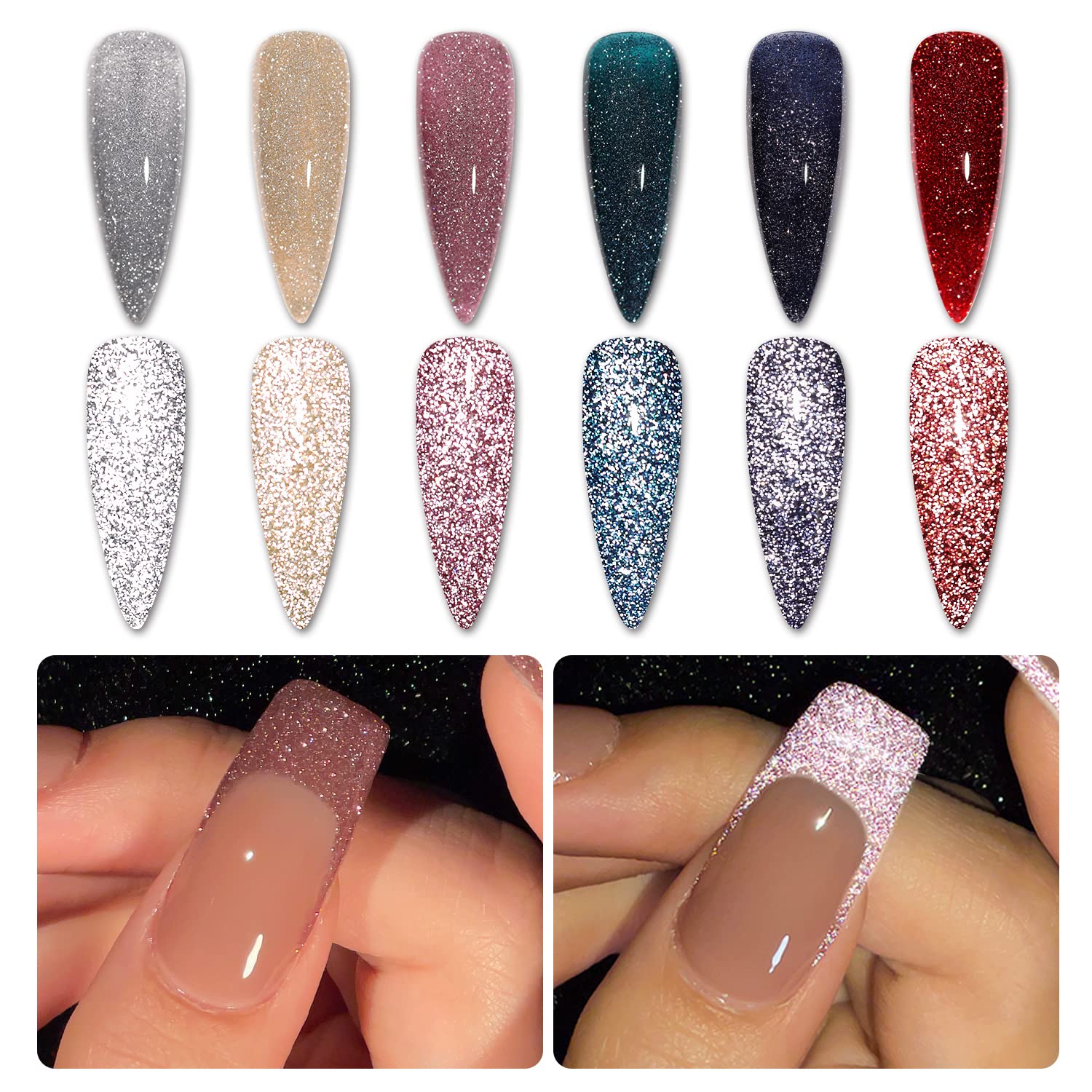 GAOY Reflective Glitter Gel Nail Polish Set - 6 Colors (Pink, Red, Silver, Holographic) UV LED Soak Off Polish Kit for Home DIY & Salon Manicure | Perfect for Parties, Weddings & Nail Art Designs
