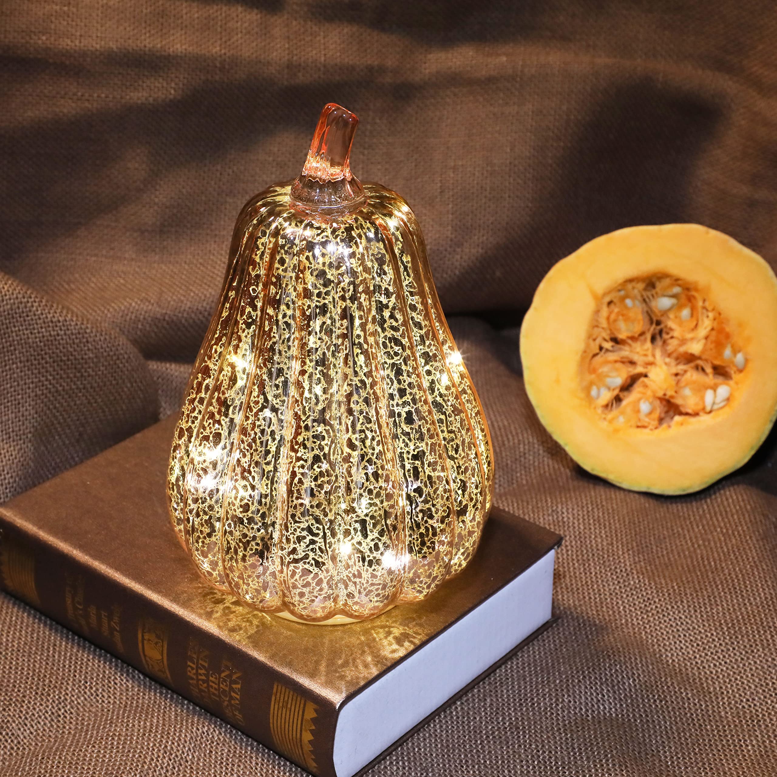 Romingo Mercury Glass Pumpkin Light with Timer - Rose Gold Halloween Decor, Fall Thanksgiving Table Centerpiece, 8.7 Inch LED Candle for Home, Party & Seasonal Decorations