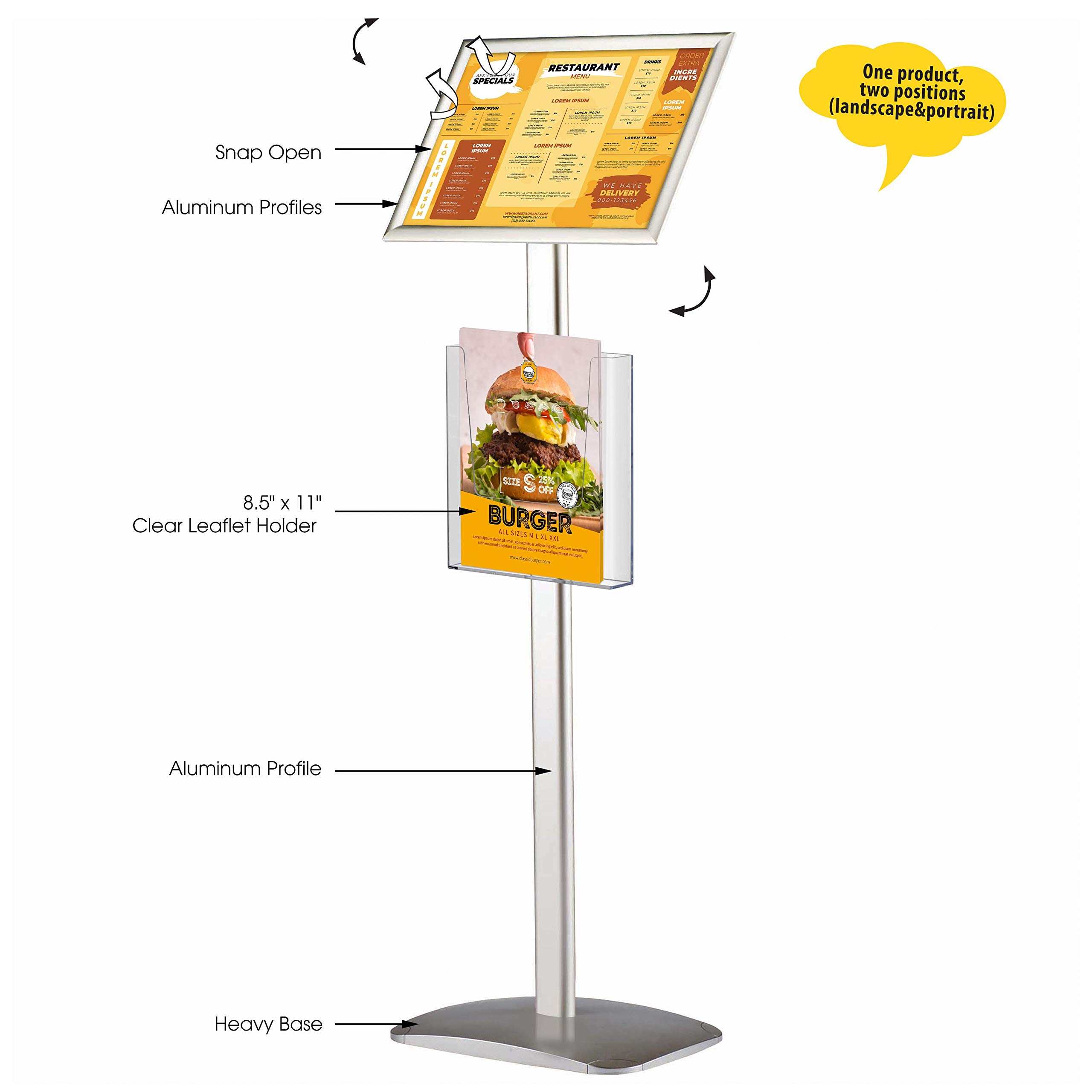 8.5x11 Inch Silver Aluminum Floor Standing Sign Holder - Front Loading Brochure & Poster Display for Retail, Restaurants & Events | M&T Displays Decorative Pedestal with Easy Open Design