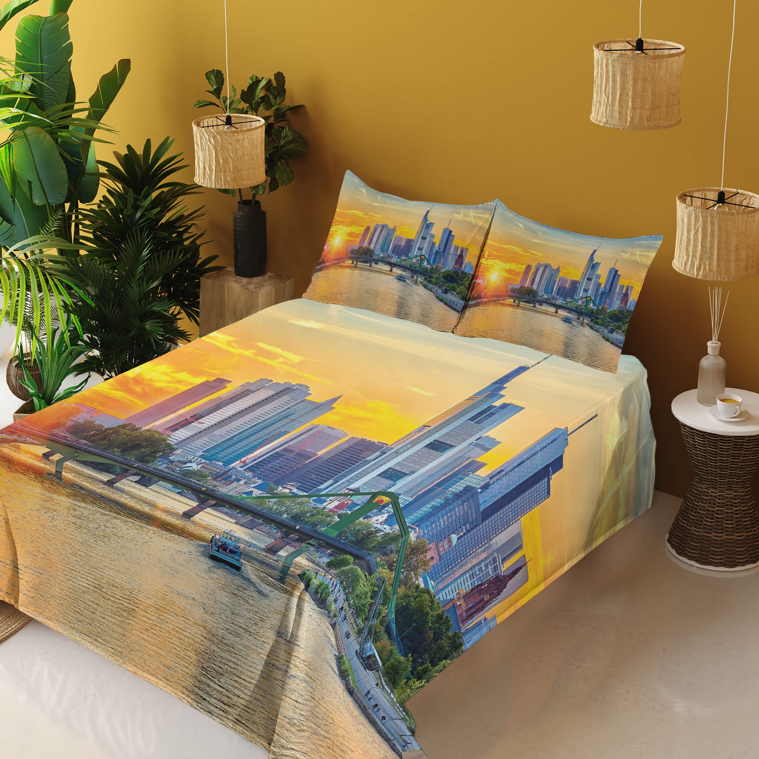 Ambesonne Scenery Sheet Set - Frankfurt Sunset Architecture Landmark Skyscraper Vibrant Colors Waterfront - 4 Piece King Size Bedding Set with Fitted Sheet, Flat Sheet & Pillowcases - Marigold & Blue - Perfect for Modern Bedrooms, Guest Rooms & Vacation Homes