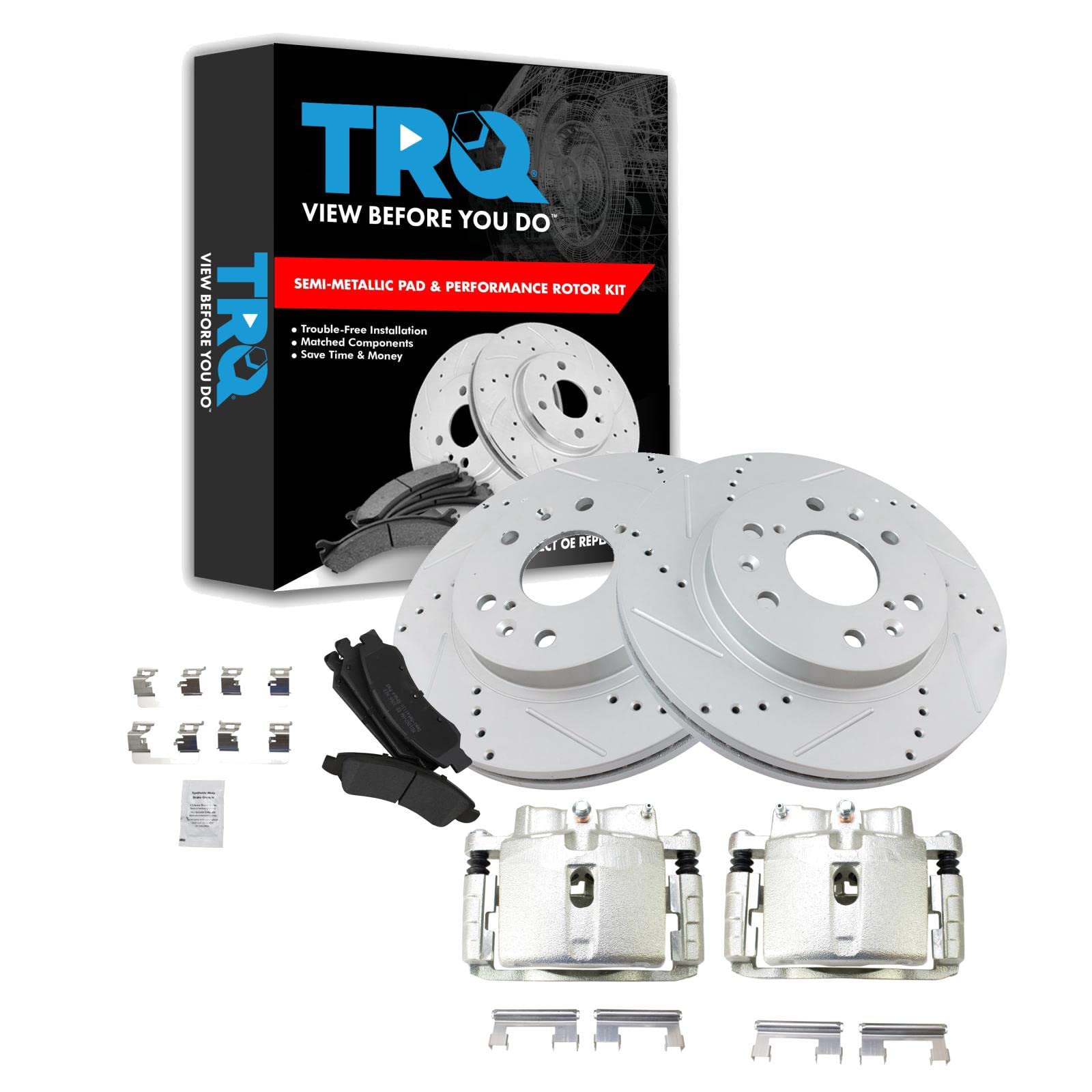 TRQ Front Performance Brake Pad & Rotor Kit - Semi-Metallic Vented Premium G-Coated Brake Caliper Set for 2007 Chevrolet Silverado 1500 - Perfect for Off-Roading, Towing & Heavy-Duty Driving