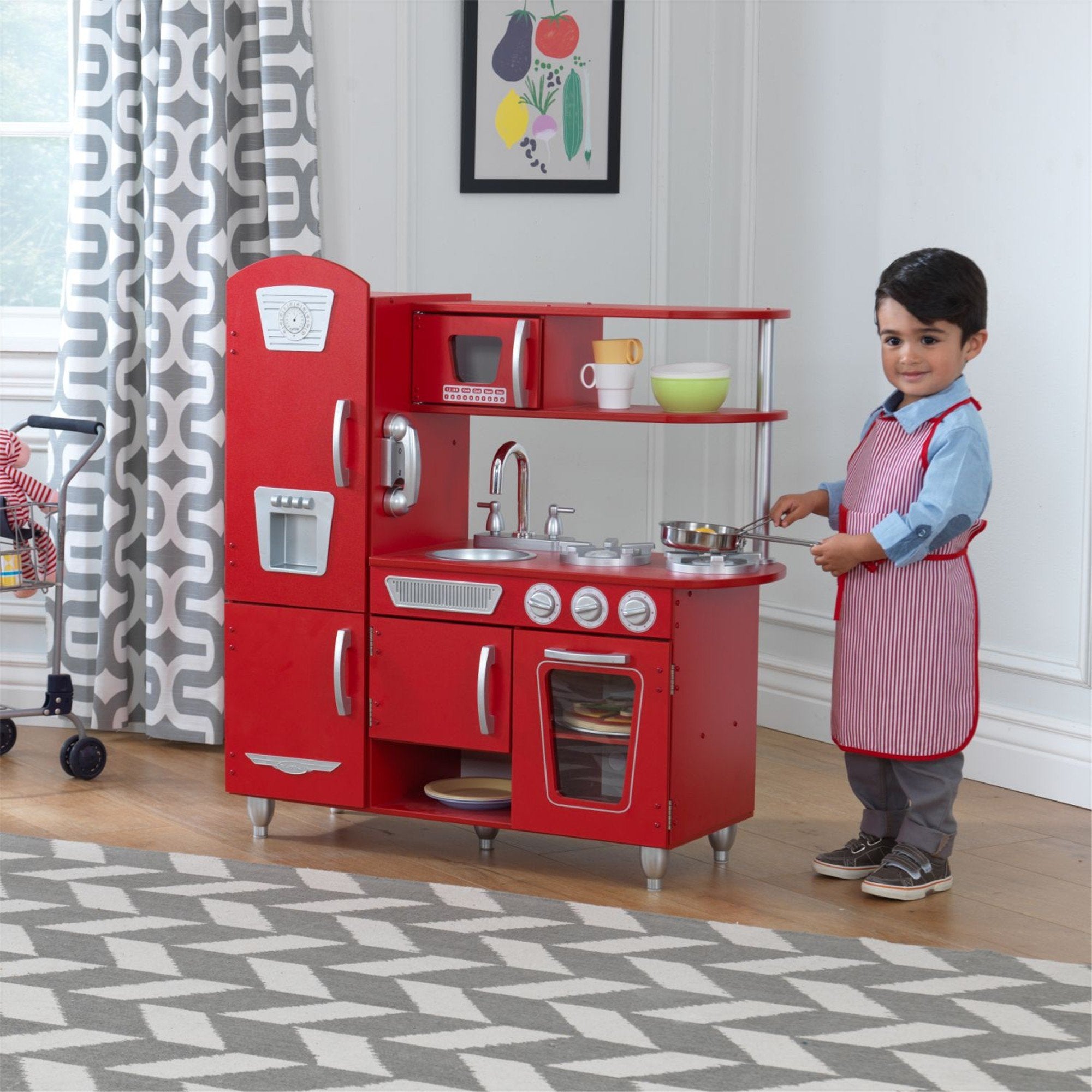 KidKraft Vintage Play Kitchen - Red Wooden Pretend Cooking Toy for Toddlers & Kids - Perfect for Pretend Play, Birthday Gifts & Home Daycare