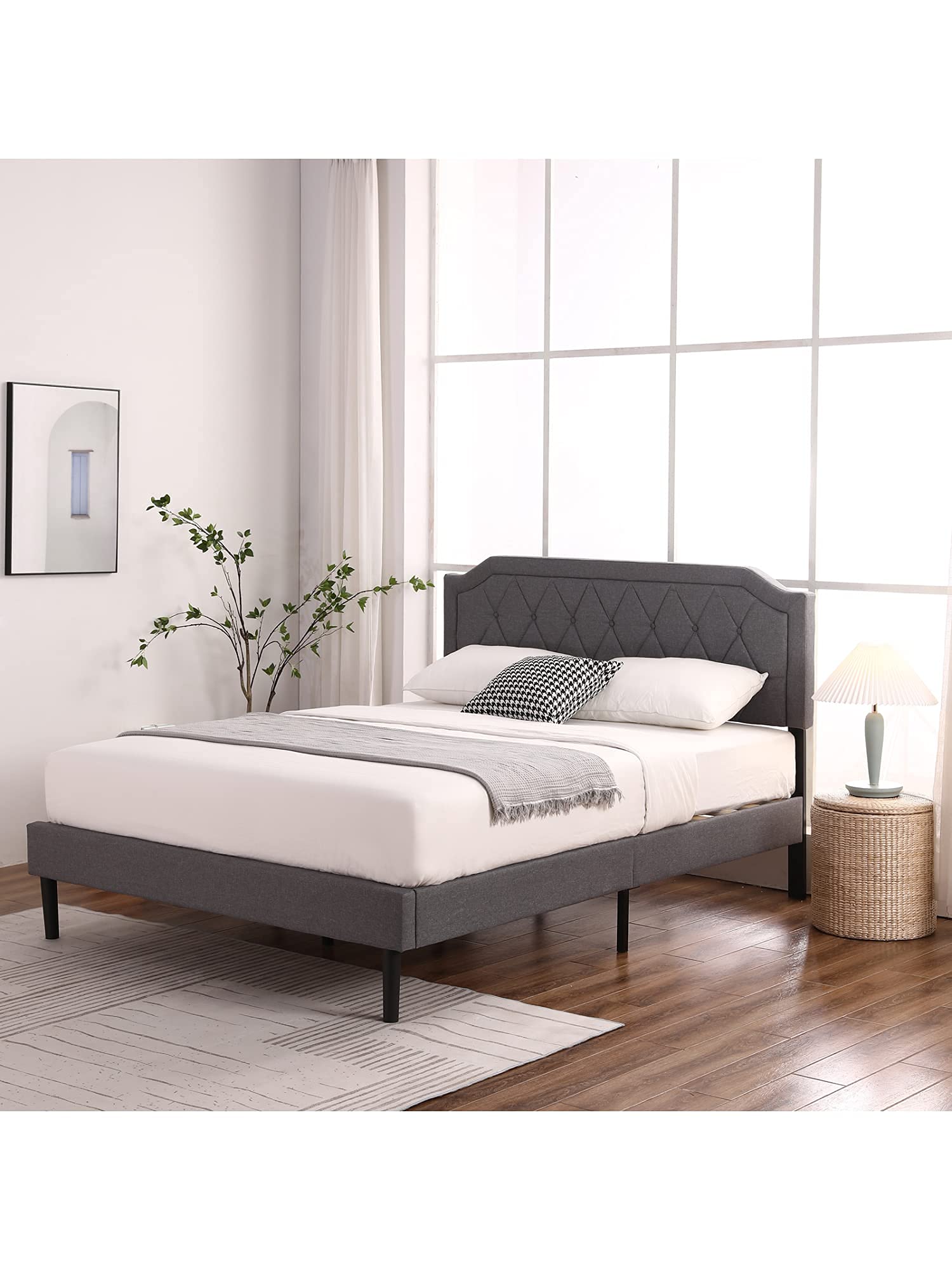 Adjustable Height Upholstered Full Bed Frame with Wood Slat Support - Easy Assembly Platform Bed Base, No Box Spring Needed - Dark Gray Modern Bed for Master Bedroom, Guest Room & Small Spaces