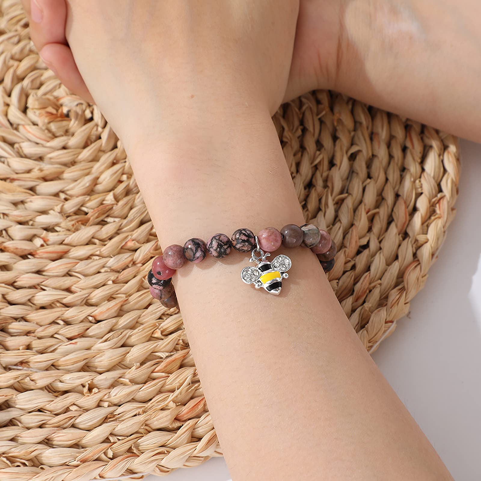 Teacher Bracelet Gift for Women - Natural Stone Jewelry with Apple Bee Charm for Graduation & Appreciation - Class of 2024
