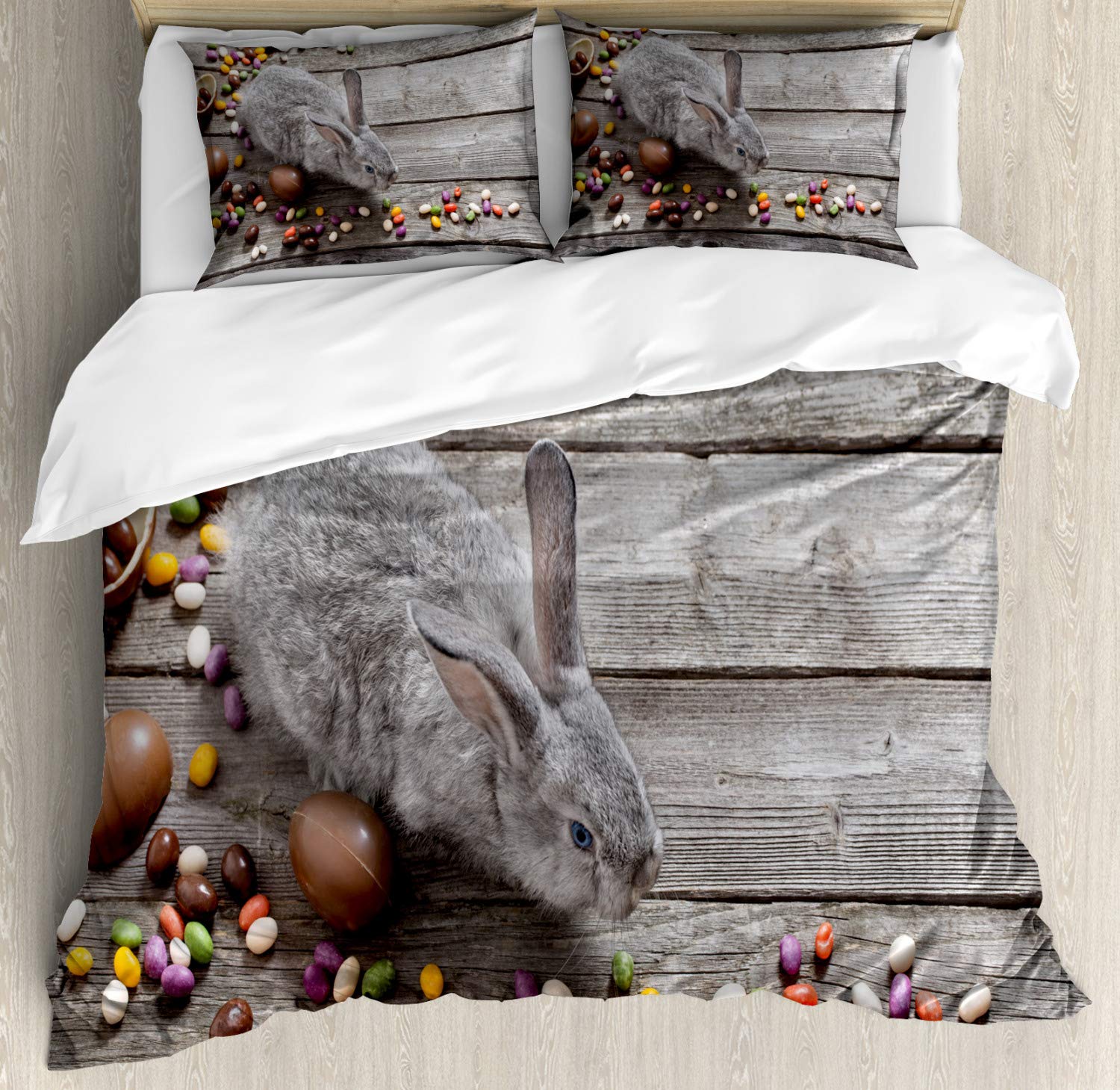 Ambesonne Easter Bunny Duvet Cover Set - King Size 3-Piece Bedding with Rabbit Photo on Wooden Background, Rustic Spring Holiday Decor - Includes 2 Pillow Shams, Multicolor | Perfect for Easter Decorations, Spring Bedroom Makeover & Cozy Farmhouse Style