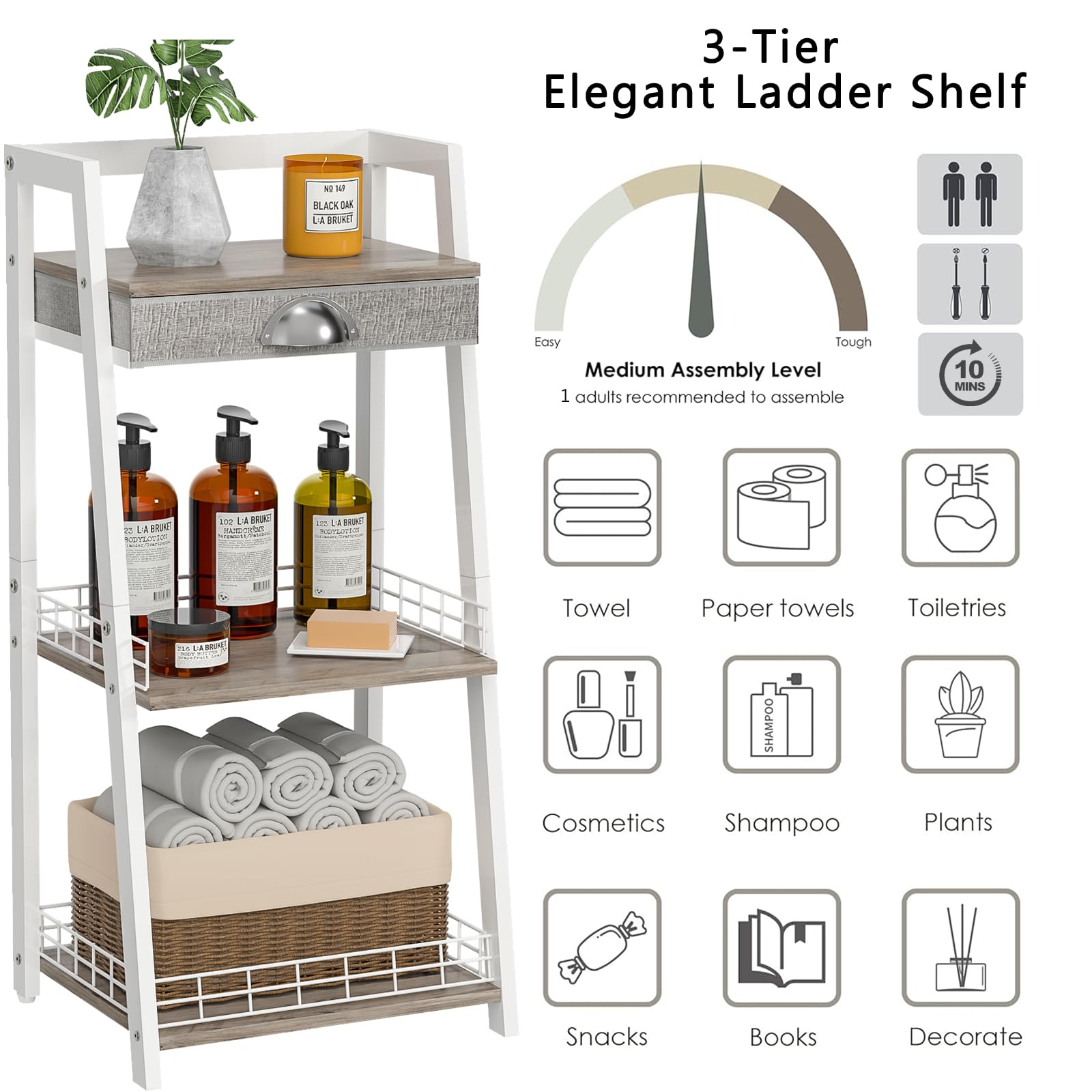 Keomaisyto 3-Tier Bathroom Ladder Shelf with Drawer - Freestanding Storage Shelf for Bathroom, Living Room, Balcony - Space-Saving Organizer for Towels, Plants & Decor (White) - Perfect for Small Spaces & Home Organization