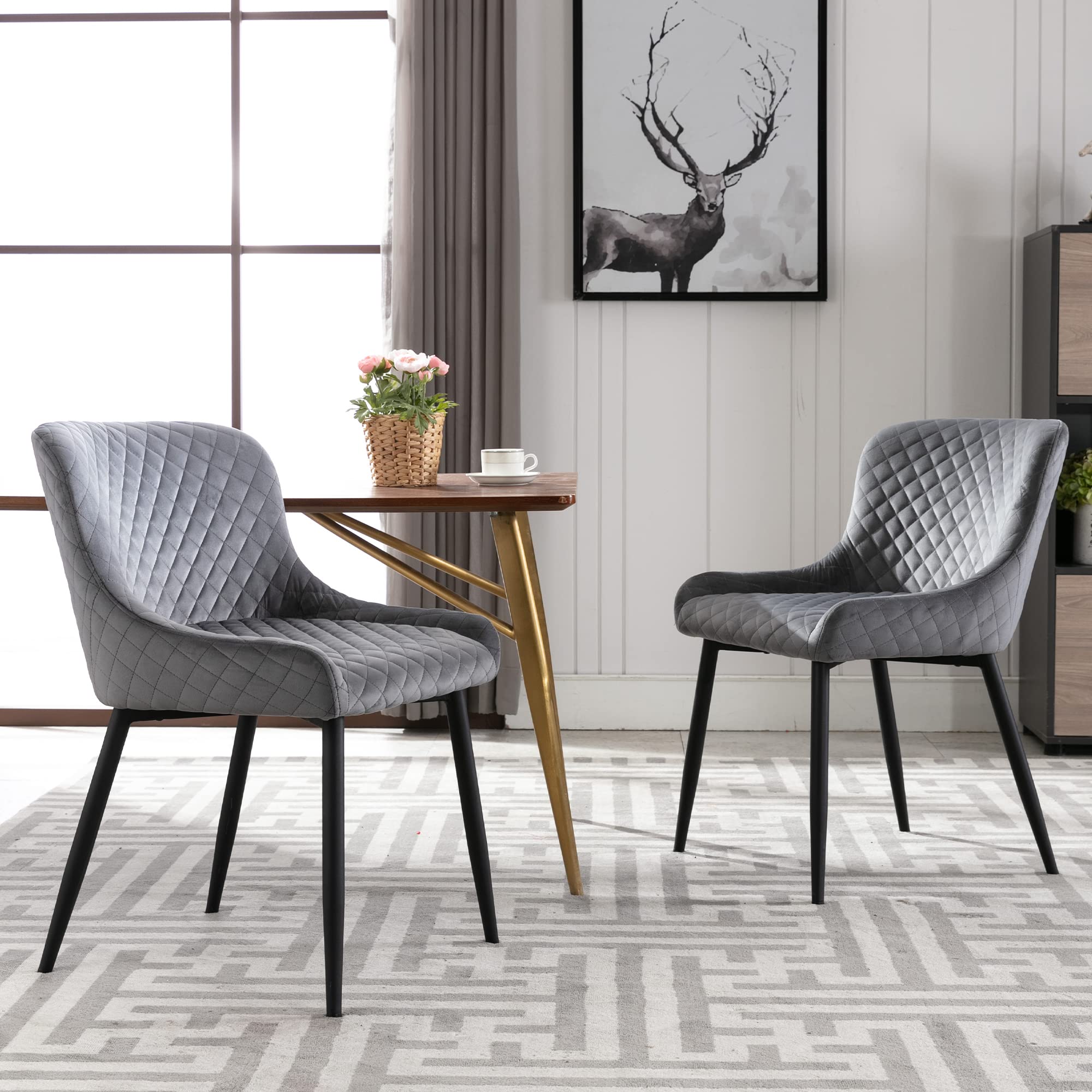 DM Furniture Modern Velvet Dining Chairs Set of 2 - Upholstered Accent Side Chairs with Sturdy Metal Legs for Kitchen, Living Room & Bedroom - Morandi Grey - Perfect for Small Spaces, Breakfast Nooks & Home Offices