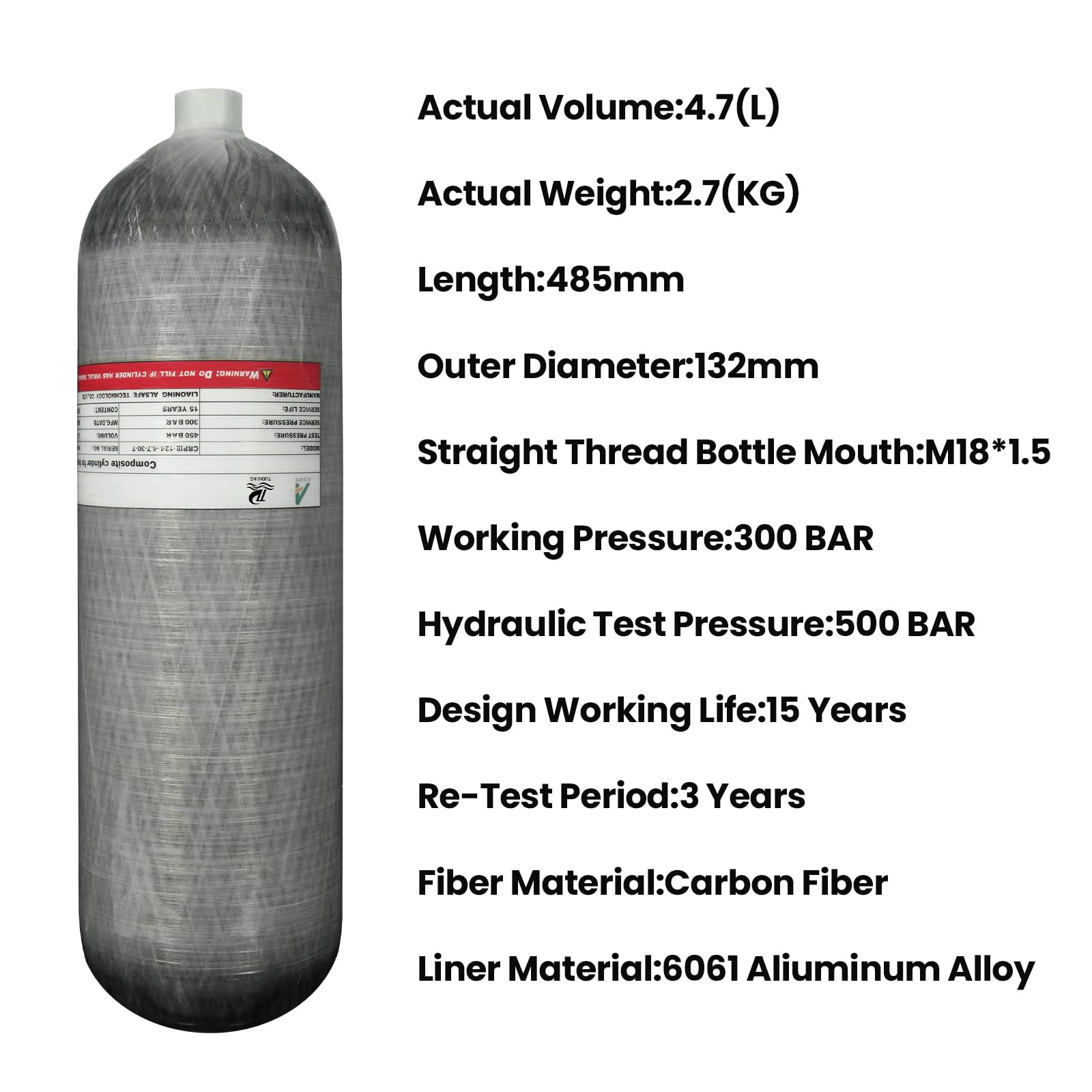 TUDIVING 4.7L 4500Psi Carbon Fiber Scuba Diving Tank - High Pressure Air (HPA) Cylinder for Deep Diving, PCP Paintball & Underwater Adventures | Portable 286 Cu in Oxygen Tank with M18x1.5 Valve | Perfect for Professional Divers, Paintball Enthusiasts & Outdoor Sports