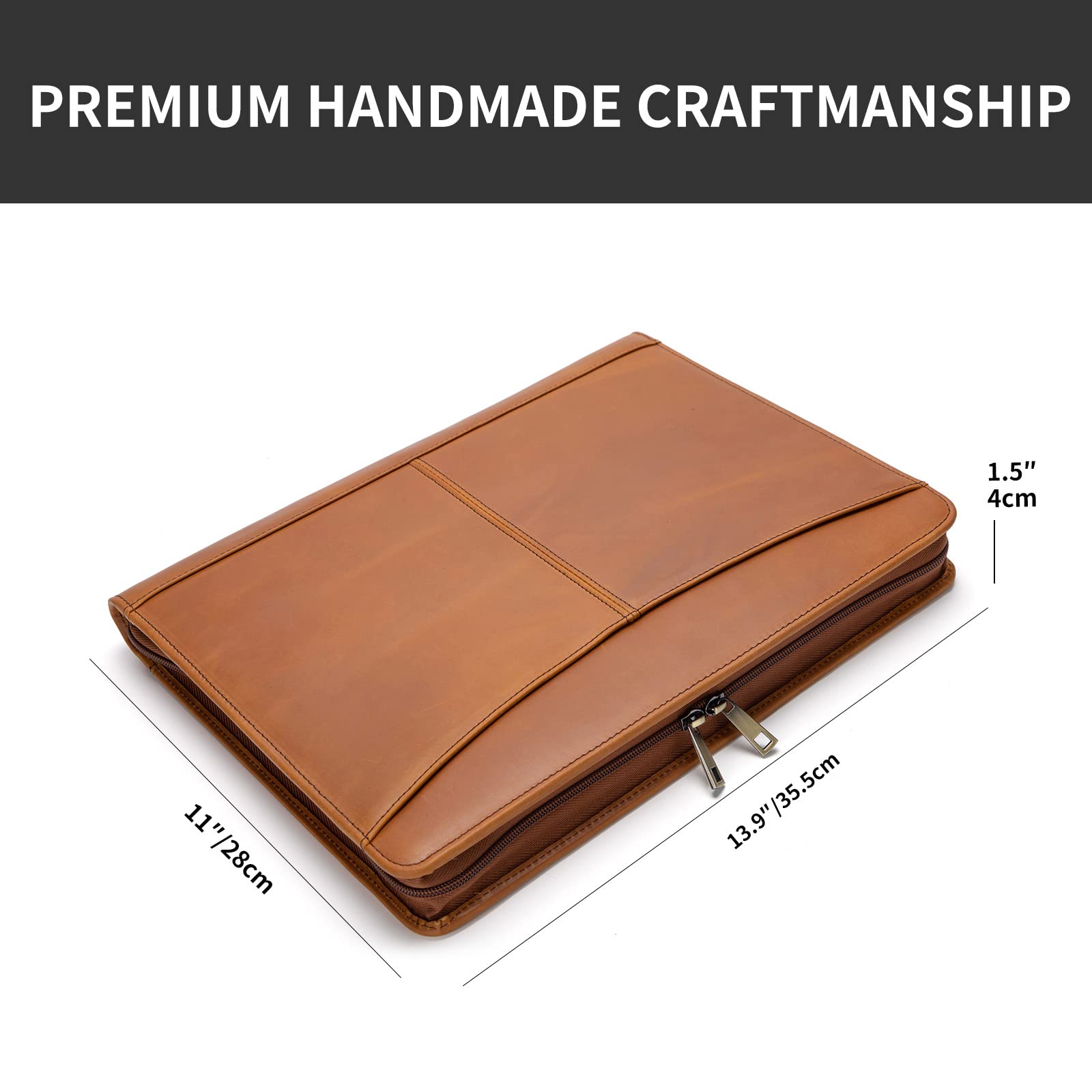 Premium Genuine Leather Portfolio with Zippered Front Pocket - Professional 8.5