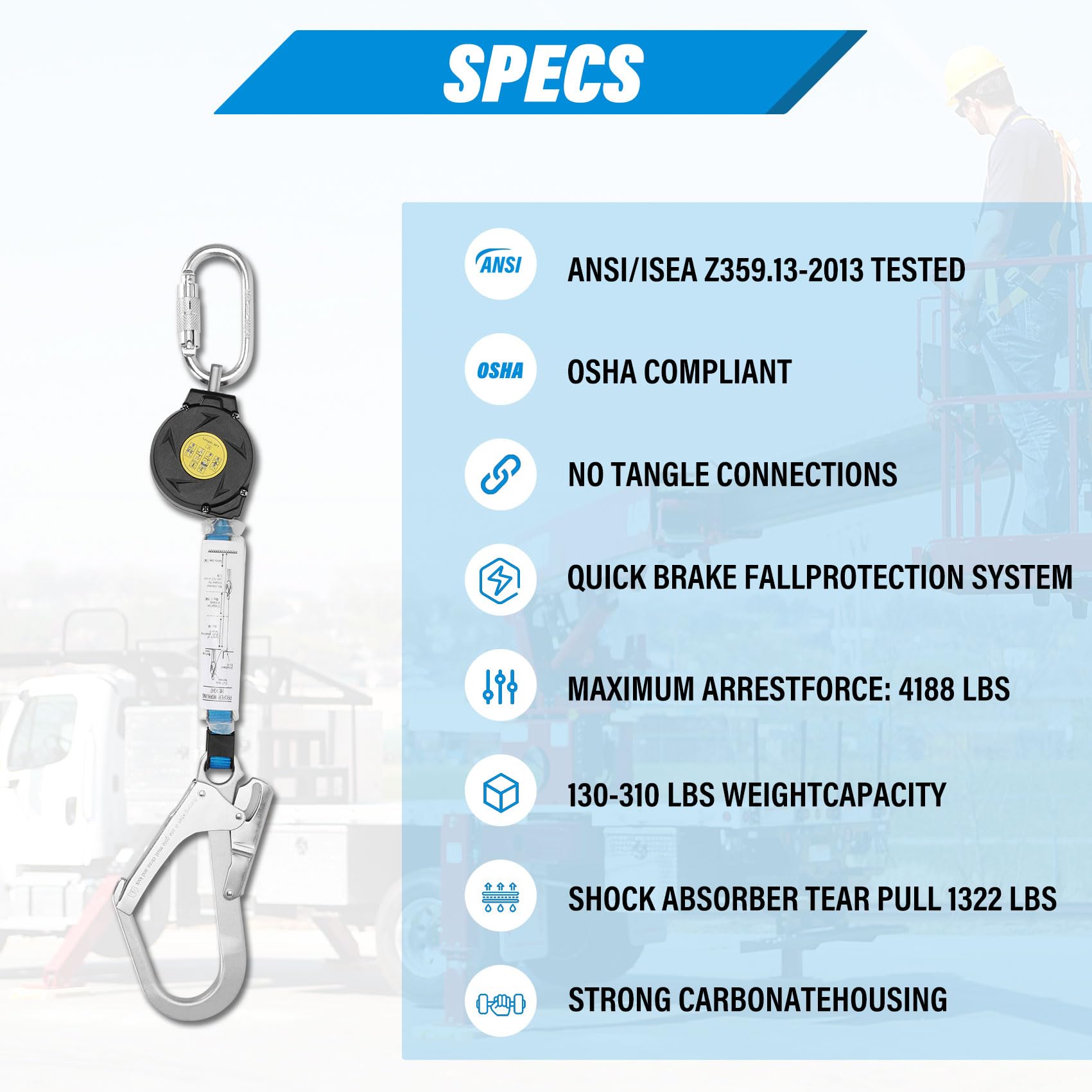6FT Retractable Safety Lanyard with Rebar Hook - Self Retracting Fall Protection Lifeline for Construction, Roofing & Work at Height | OSHA Compliant Safety Harness Accessory for Roofers, Electricians & Window Cleaners