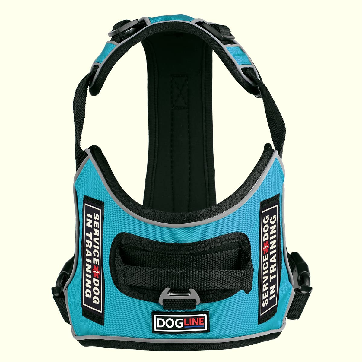 Dogline Quest No-Pull Dog Harness - Adjustable Reflective Vest with Quick Release Buckles & Handle (36-45 inches) - 3D Rubber Service Dog Training Patches - Teal Color - Perfect for Walking, Training & Outdoor Adventures