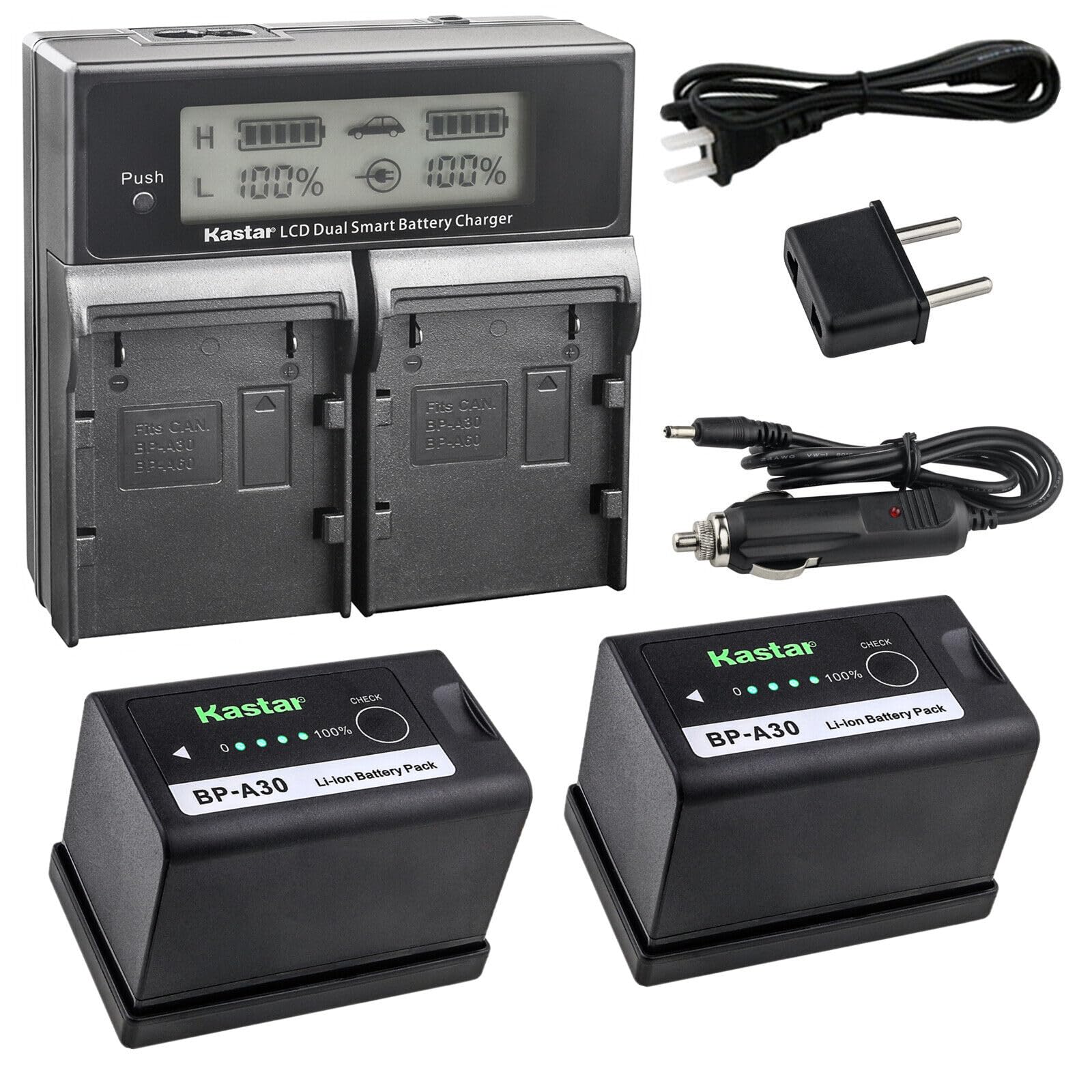 Kastar 2-Pack BP-A30 Replacement Battery & LCD Dual Fast Charger for Canon BP-A30/60/65/90 & US 0870C002 - Perfect for DSLR Cameras, Video Shooting & Professional Photography
