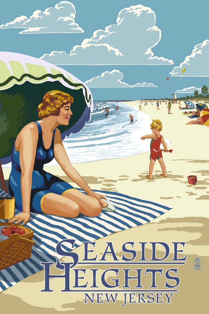 Signed 24x36 Seaside Heights New Jersey Beach Woman Art Print - Coastal Wall Decor Poster for Living Room, Bedroom & Office