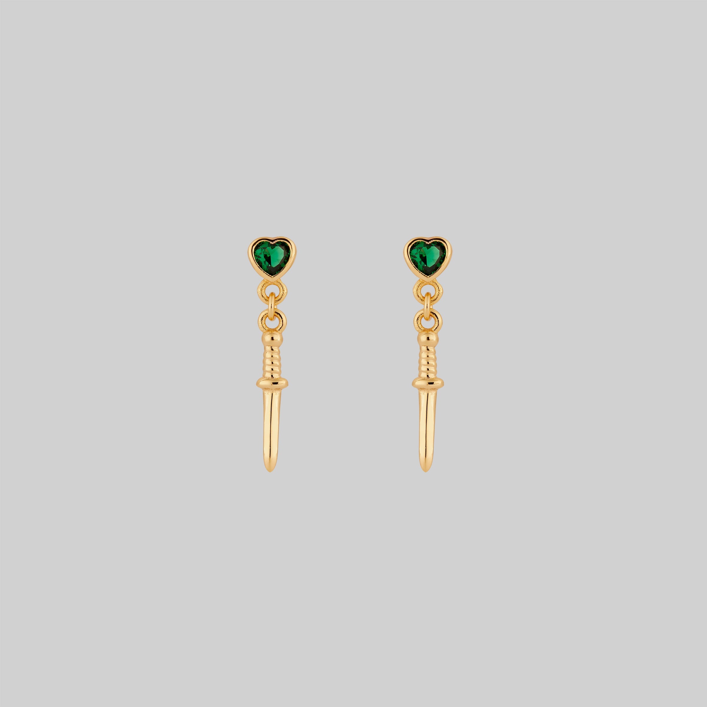 REIGN Green Heart & Dagger Drop Earrings - 14K Gold Plated Dainty Gothic Jewelry for Women, Perfect for Valentine's Day Gifts, Date Night & Punk Fashion Accessories