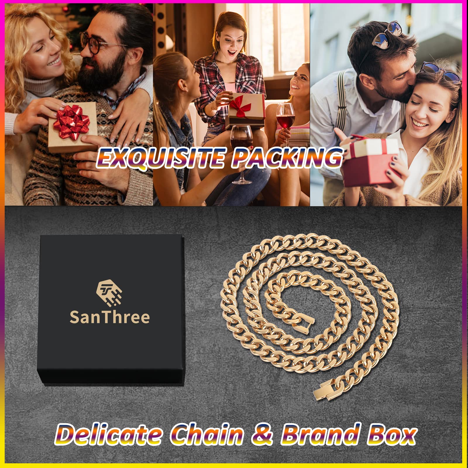 SanThree 9.5mm Pure Titanium Curb Cuban Link Chain Necklace for Men - Yellow Gold Plated, Lightweight & Skin Friendly | Perfect Hip Hop Jewelry Gift for Birthday, Graduation, Father's Day | 24 Inches | Ideal for Casual Wear, Parties & Special Occasions