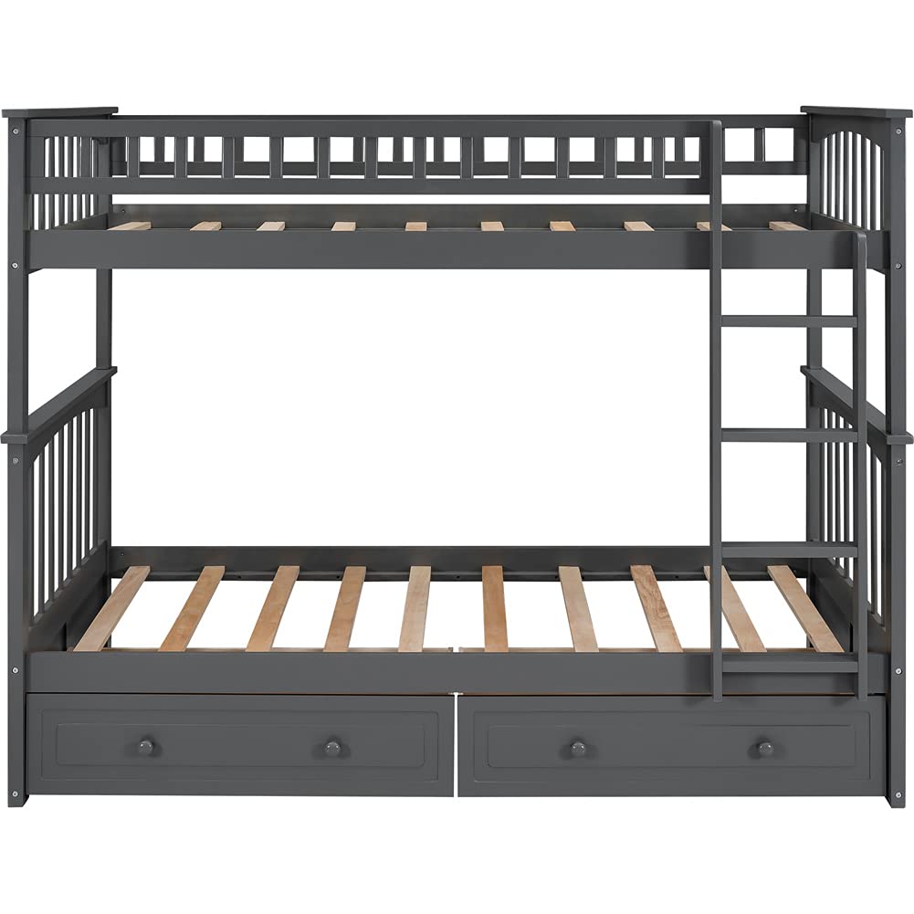 Convertible Wood Bunk Bed with Storage Drawers, Ladder & Safety Guardrail - Twin Over Twin Space-Saving Kids Bed (Gray) | Perfect for Small Bedrooms, Guest Rooms & Vacation Homes